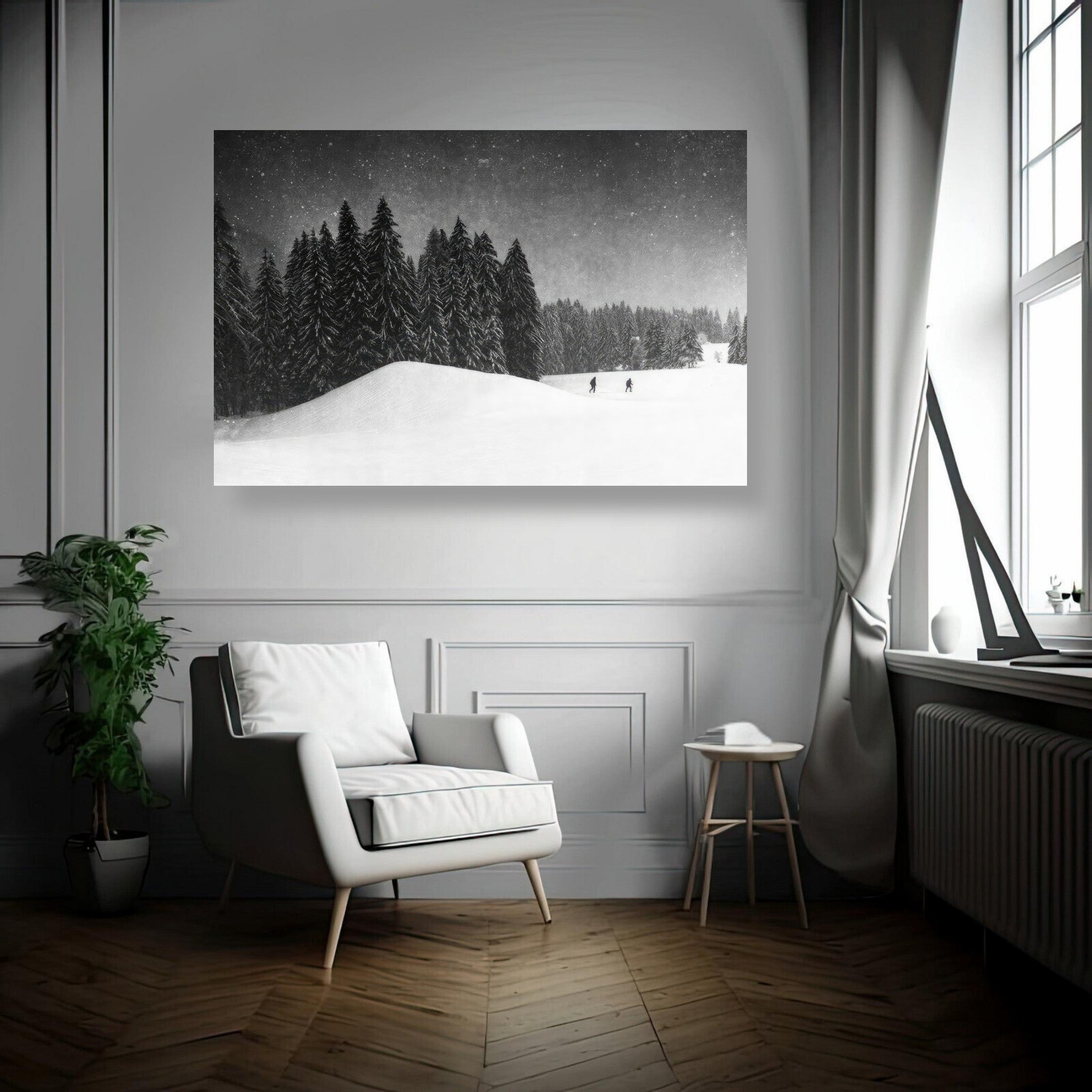 Winter Crossing metal print of snowy landscape with figures, serene black-and-white artwork in modern interior.