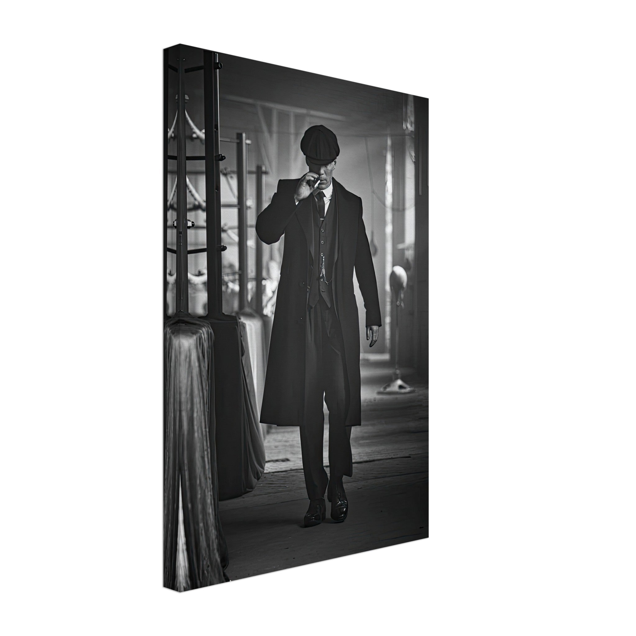 Black and white canvas art of Tommy Shelby from Peaky Blinders, showcasing his iconic style and presence.