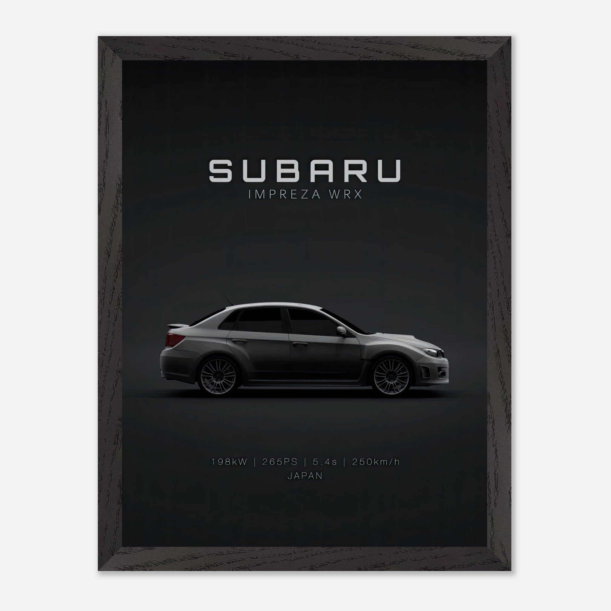 Vintage Subaru WRX framed art showcasing the iconic car against a minimalist backdrop.
