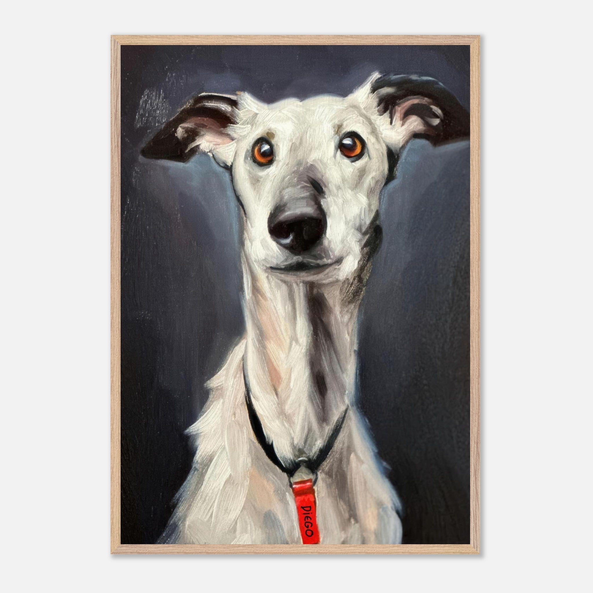 Vintage framed print of a greyhound dog portrait showcasing its noble expression and sleek form.