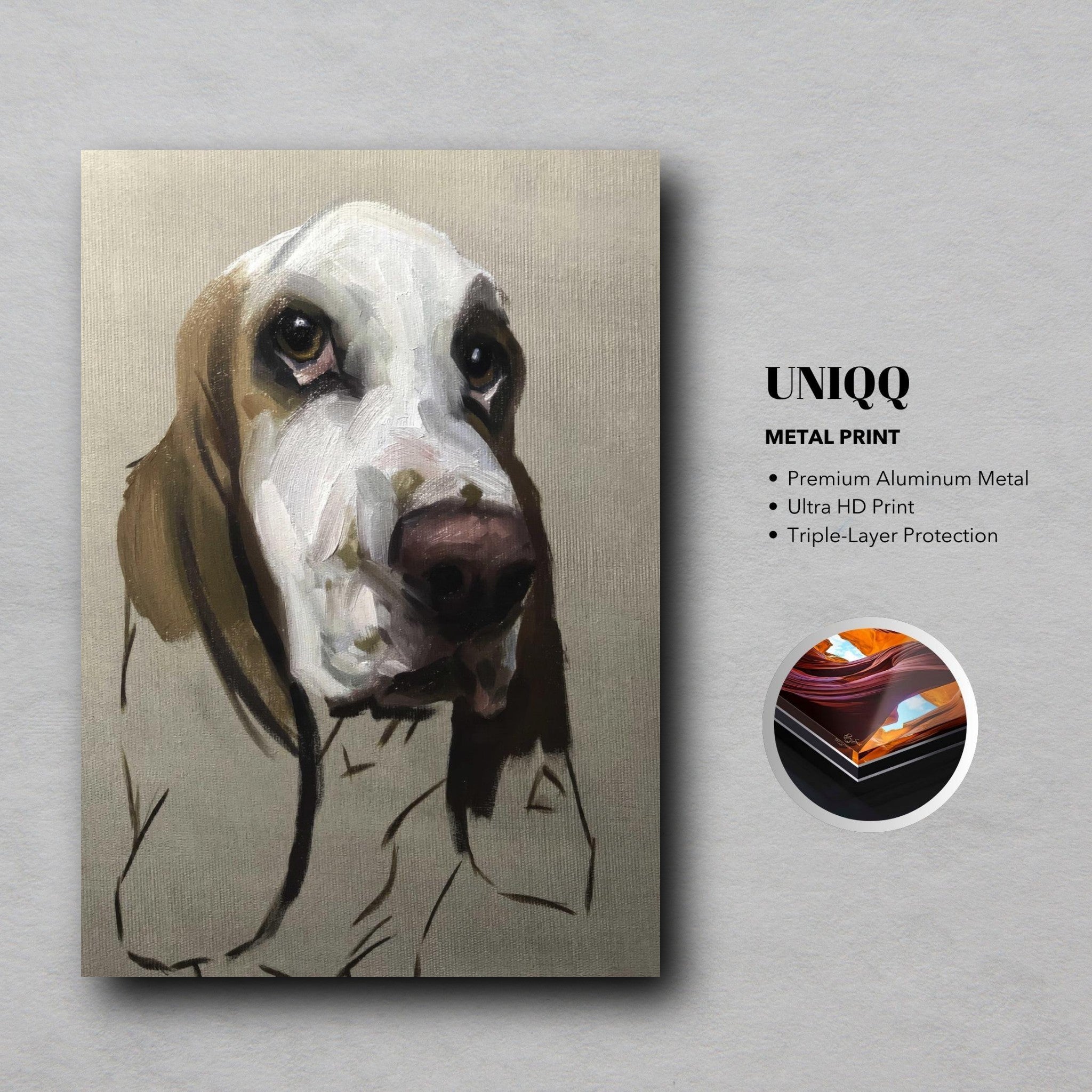 Basset Hound metal print featuring expressive artwork with rich textures and earthy tones.