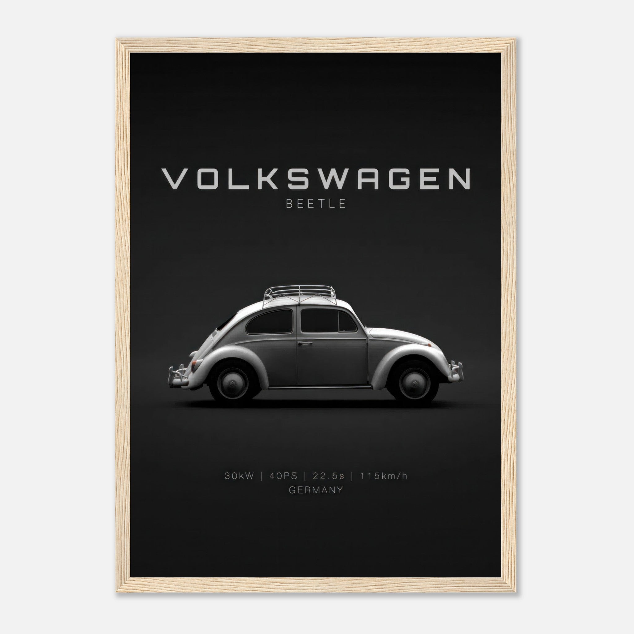 Volkswagen Beetle framed poster featuring a sleek side profile on a minimalist black background.