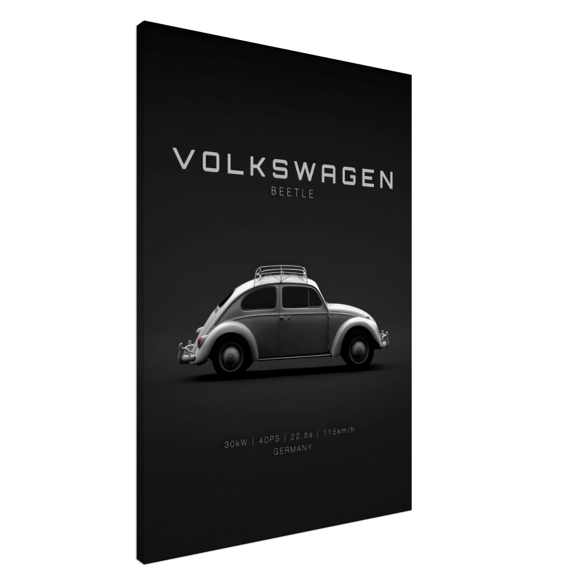 Volkswagen Beetle canvas artwork featuring classic car silhouette on a sleek black background.