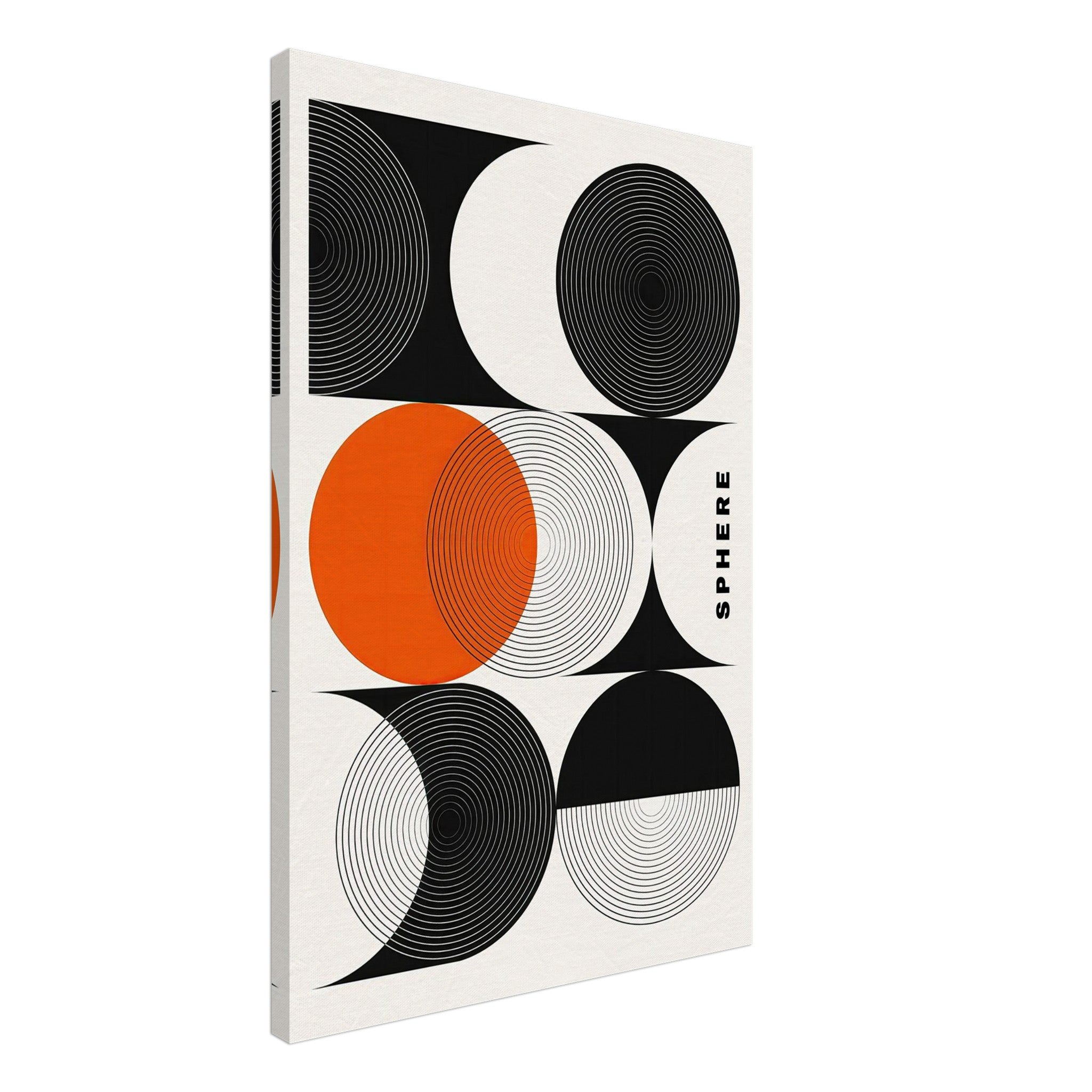 Abstract Geometric Sphere Art Canvas Print featuring bold black, white, and vibrant orange circular patterns.