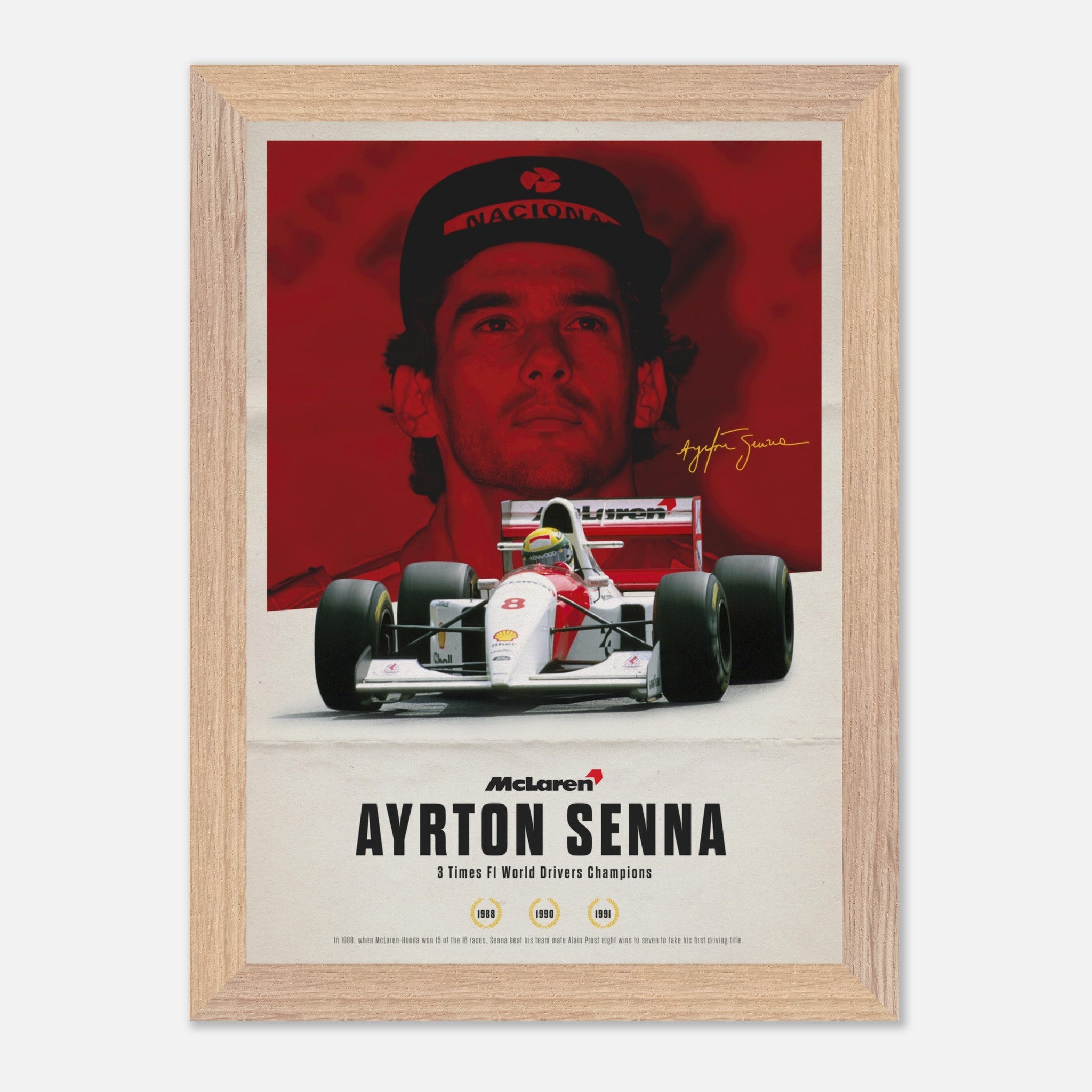 Ayrton Senna vintage framed art featuring his McLaren car and portrait with signature and championship titles.