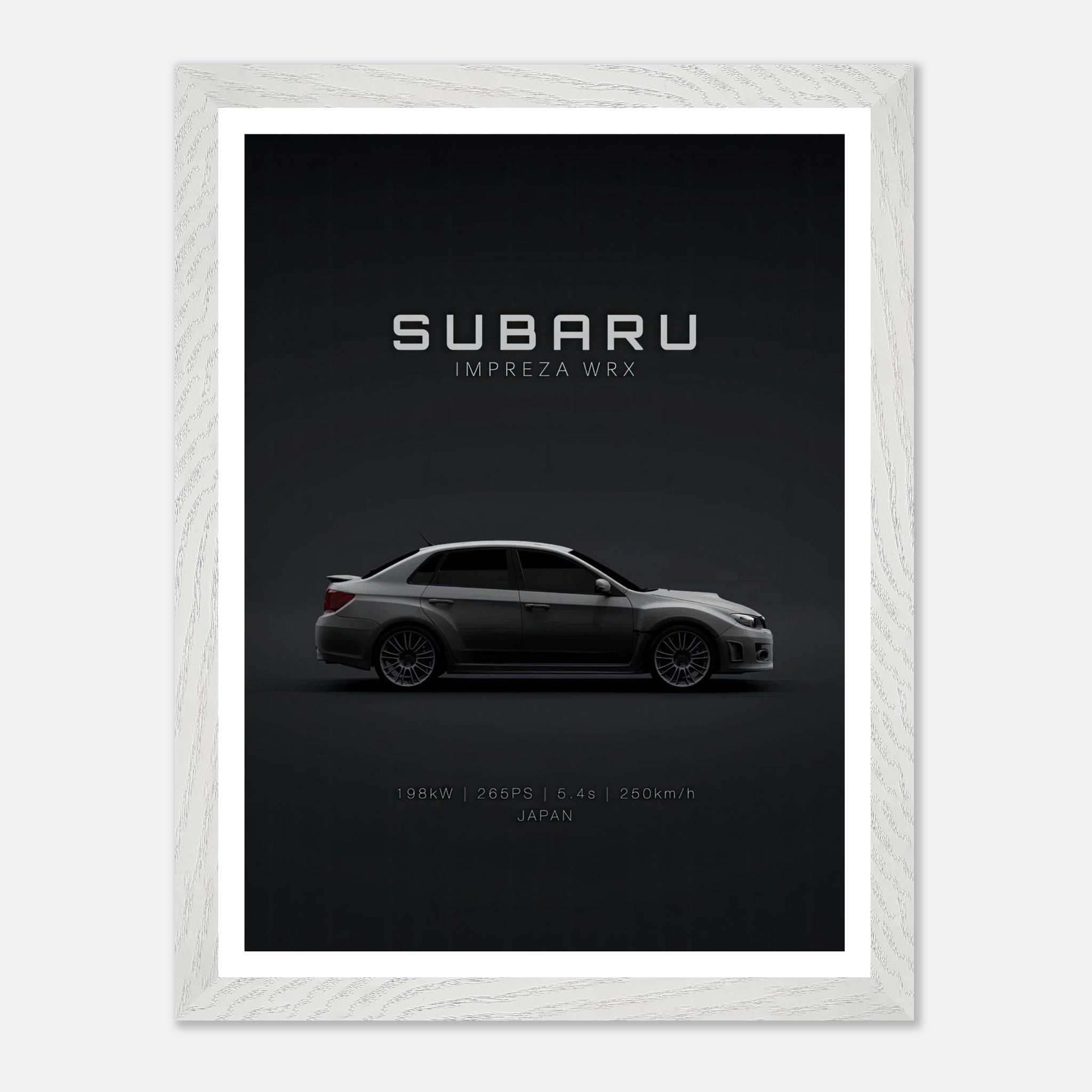 Subaru WRX vintage framed art showcasing the iconic car's sleek profile against a minimalist dark backdrop.