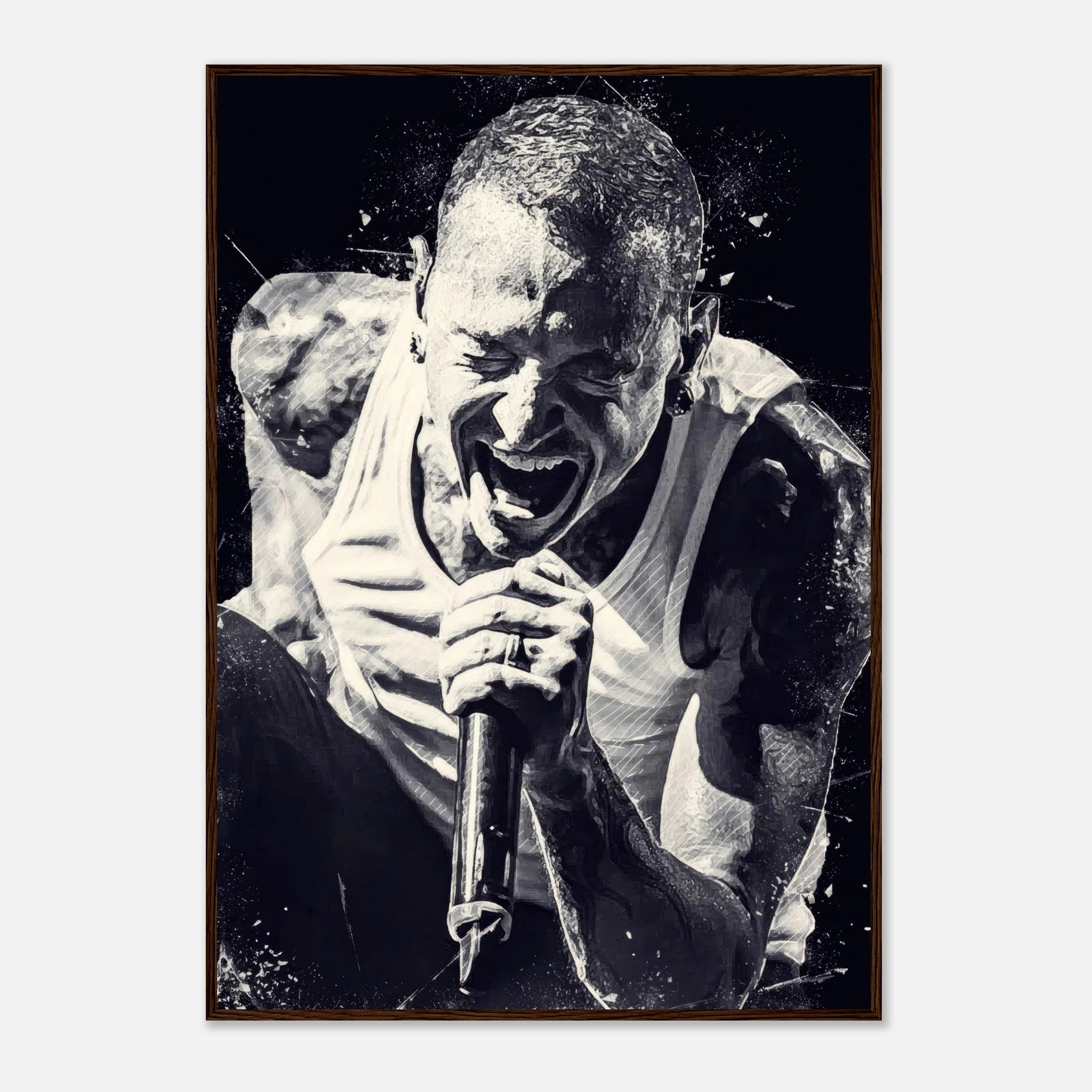 Chester Bennington framed print poster showcasing his powerful stage presence in black-and-white.