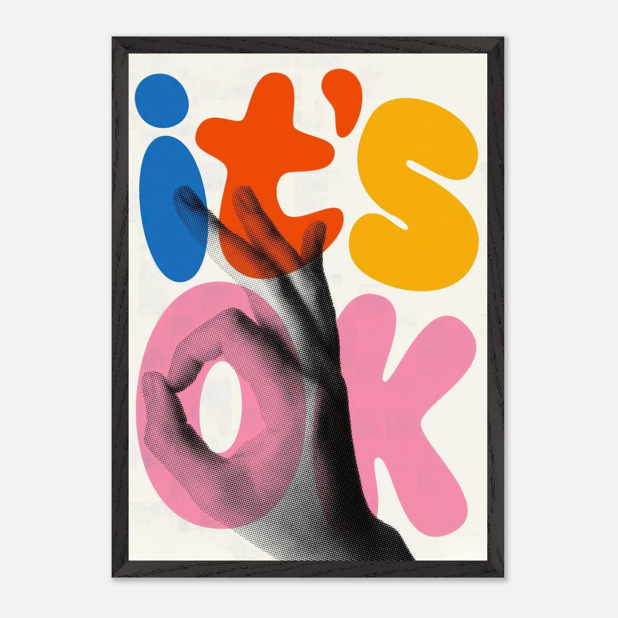 Retro abstract pop art framed print featuring the phrase 'it's OK' in vibrant colors and a hand gesture.
