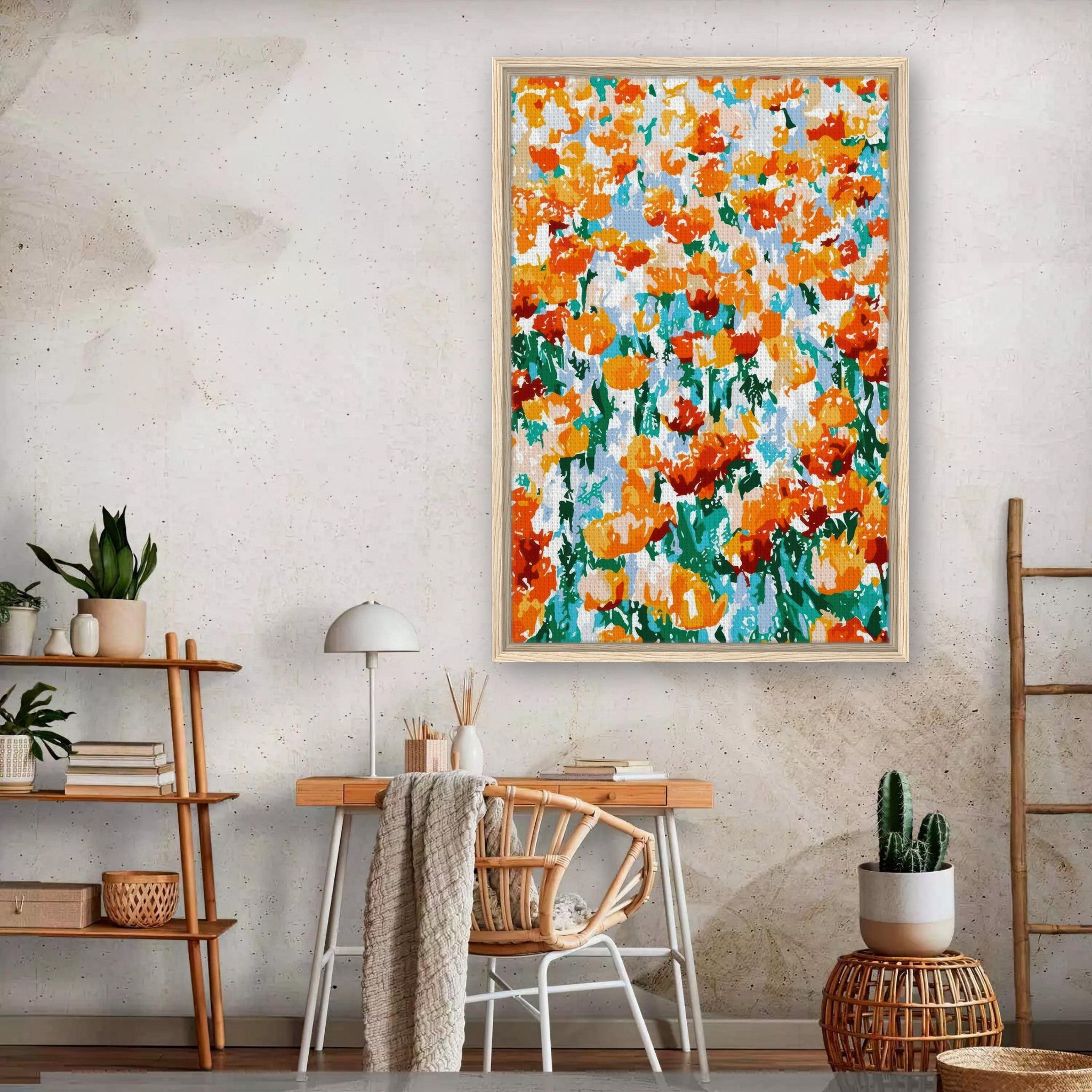 Vibrant abstract floral tulip garden canvas print in a bright living room setting with modern decor.