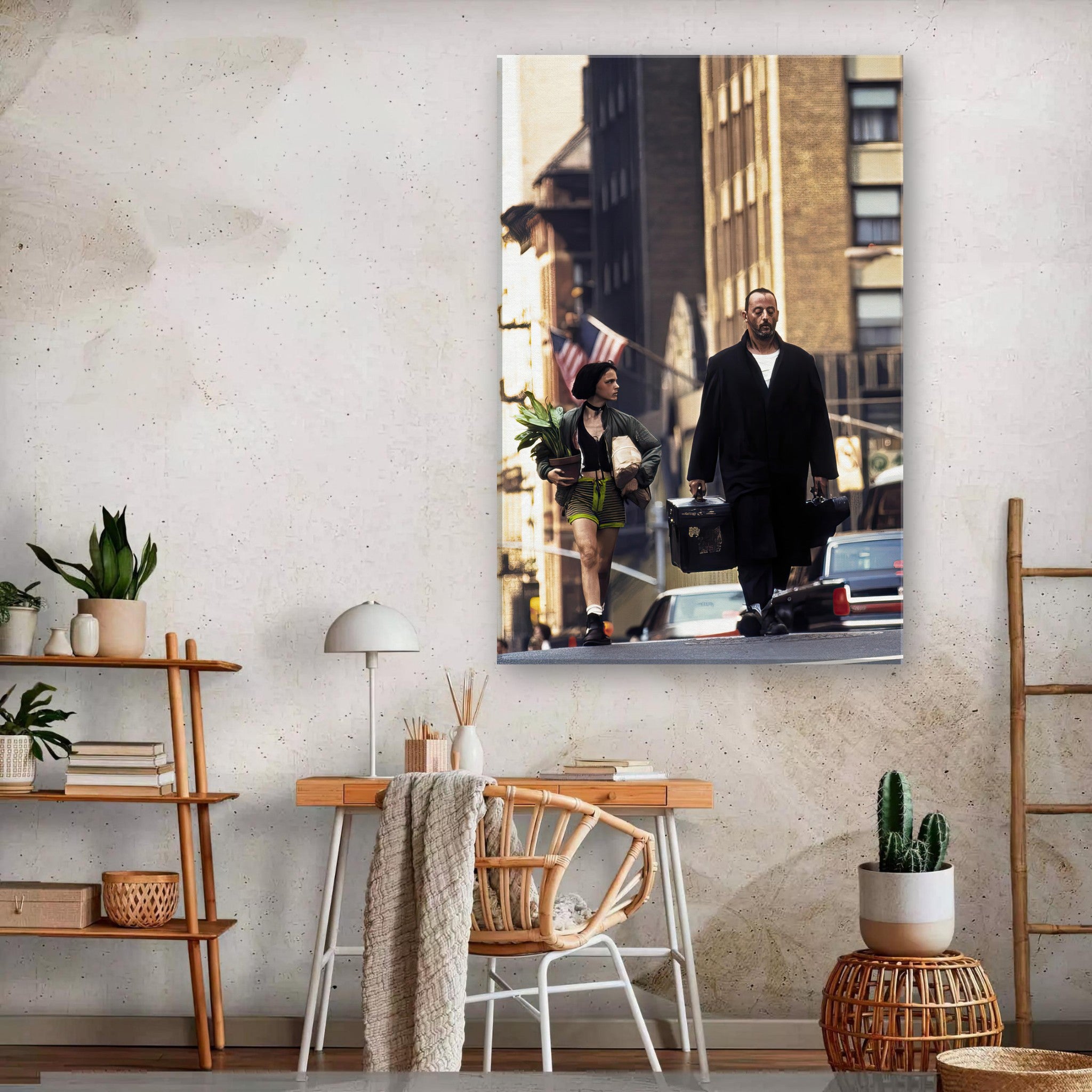 Jean Reno and Natalie Portman walking in a scene from 'Leon: The Professional' on canvas wall art.