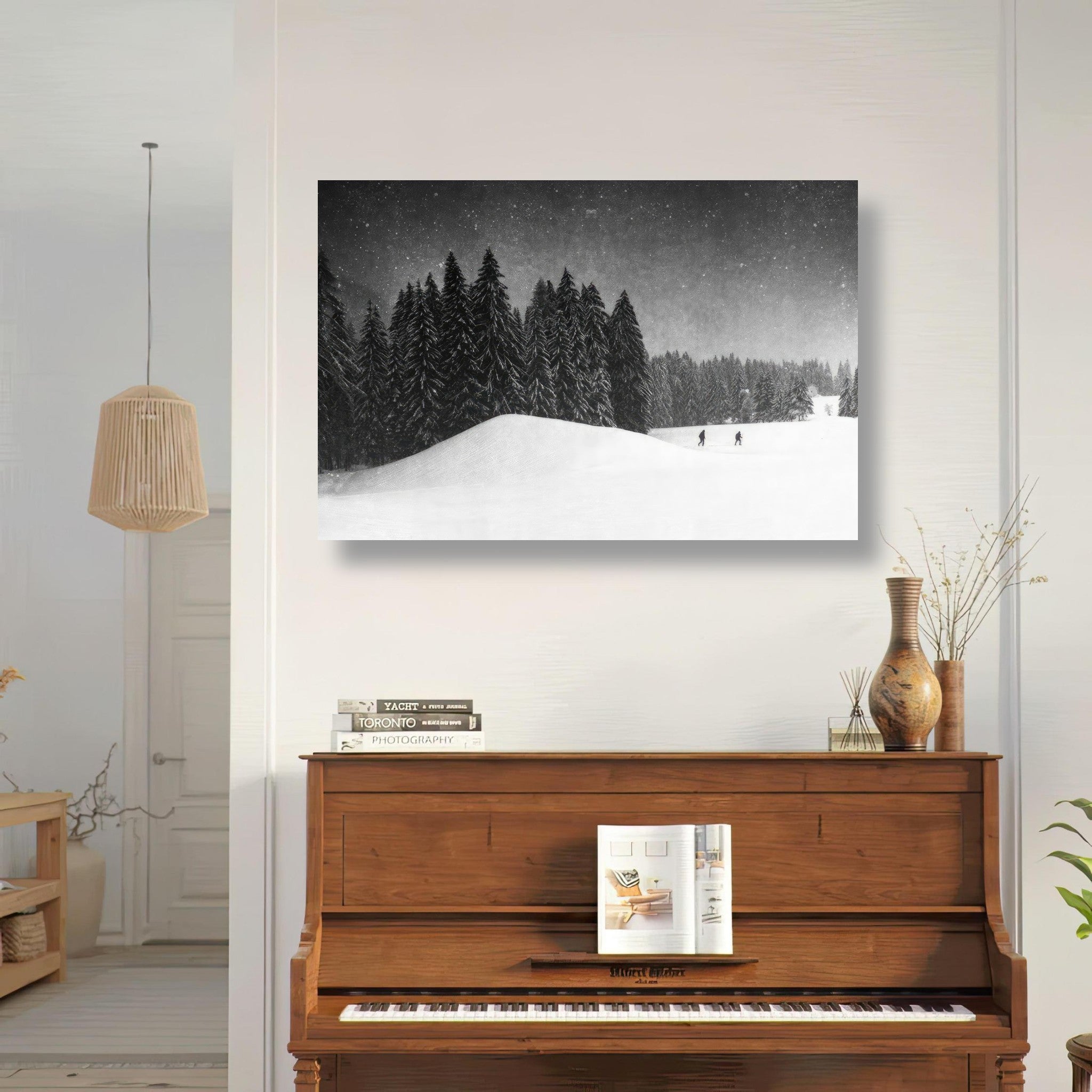Winter Crossing metal print showcasing a snowy landscape with two figures crossing a field, surrounded by evergreen trees.