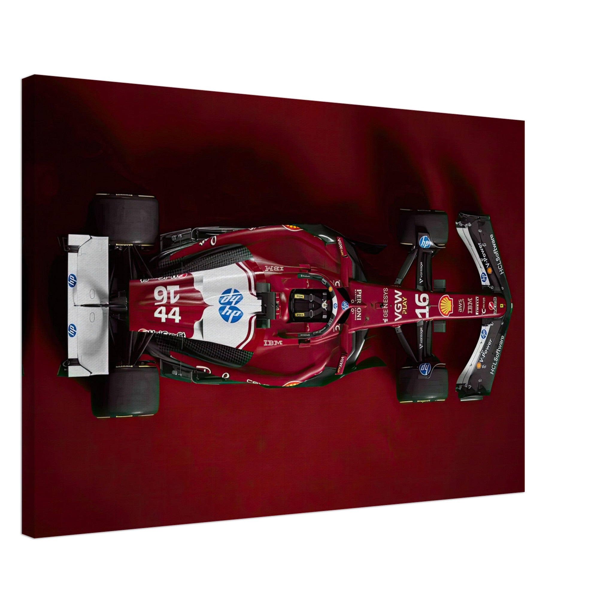 Top-down view of Ferrari F1 2025 canvas print showcasing sleek design and vibrant red colors.