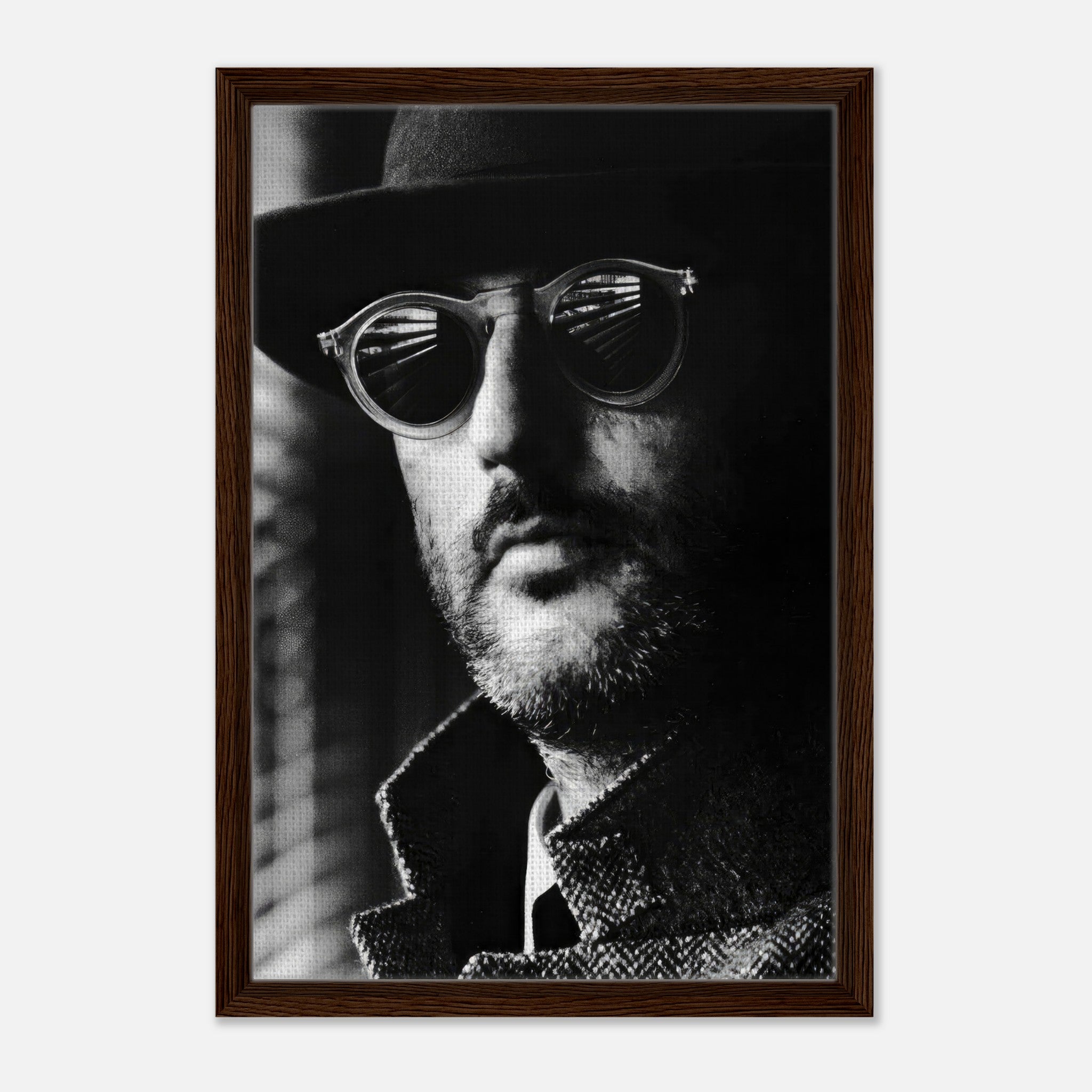 Black-and-white framed canvas print of Jean Reno from Leon, showcasing cinematic sophistication and timeless charisma.