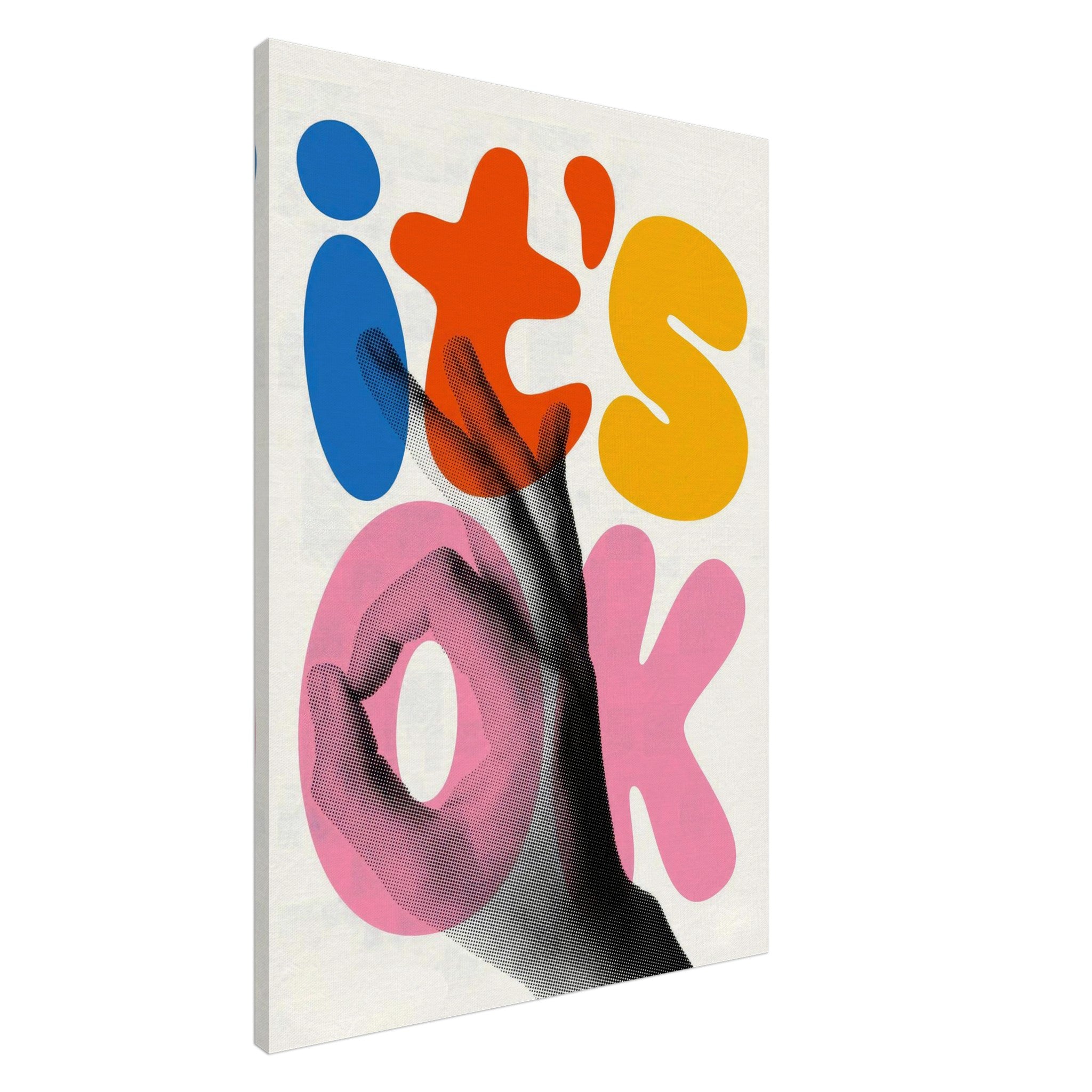 Retro Abstract Pop Art canvas print with bold 'it's OK' typography and a hand gesture in vibrant colors.