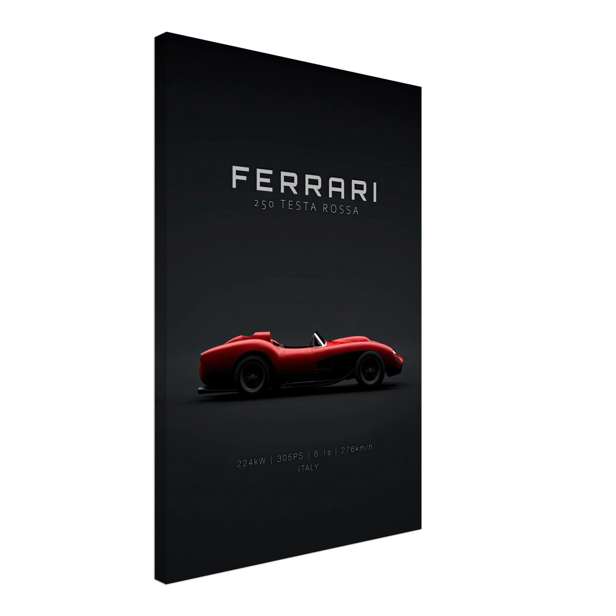 Ferrari 250 Testa Rossa canvas artwork with a vibrant red car silhouette on a black background.