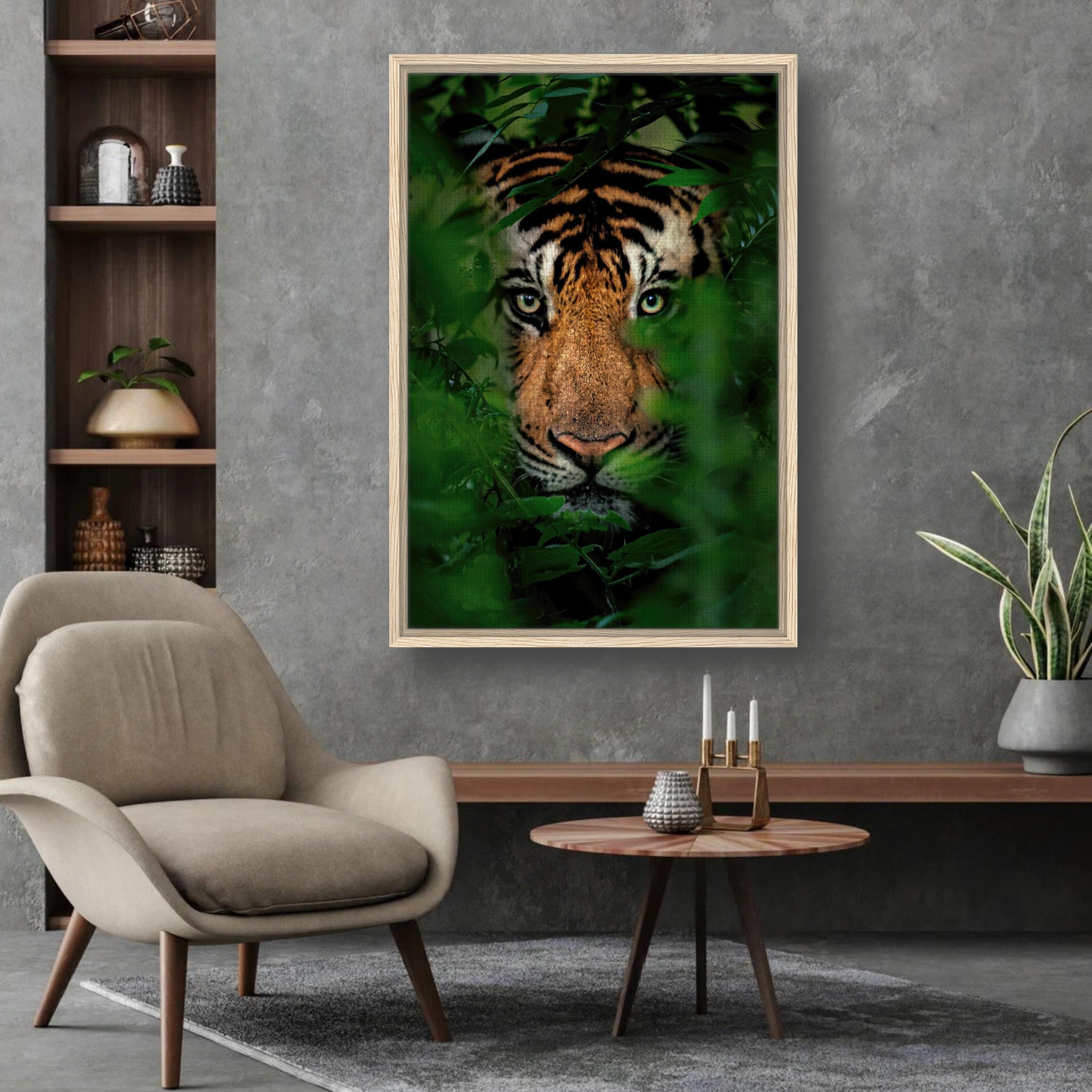 Tiger Through Jungle Framed Canvas Print displaying a tiger's gaze amid dense foliage in a modern living room.