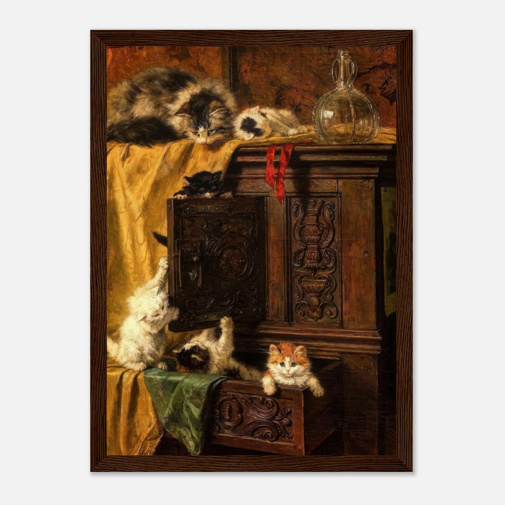 Vintage cat painting framed print featuring playful kittens by an antique cabinet in warm tones.