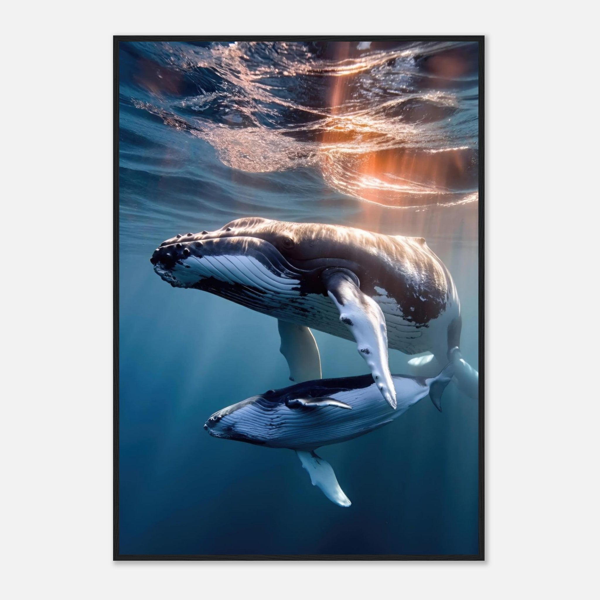 Stunning underwater photo of a humpback whale and calf in vibrant ocean waters, framed print.