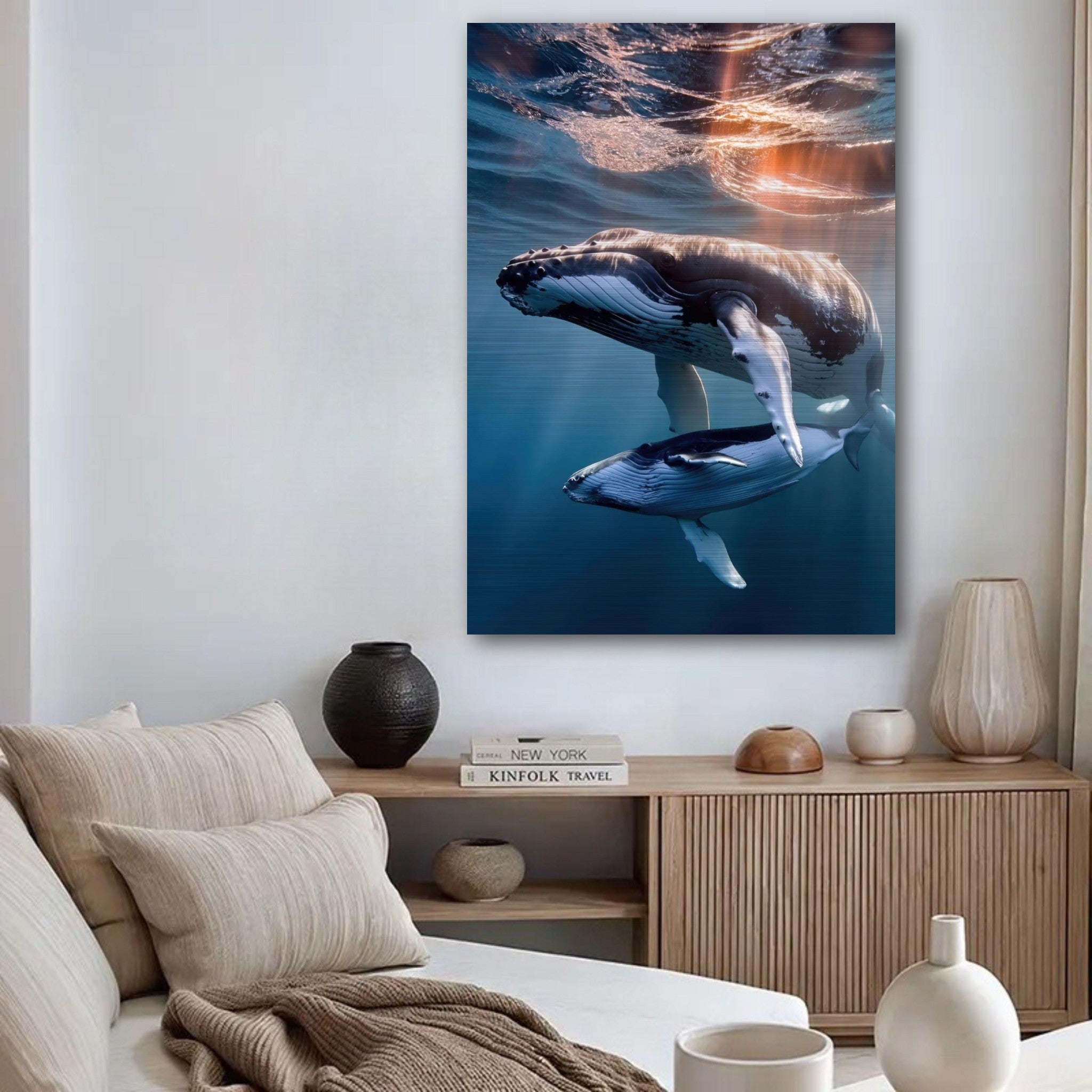 Stunning underwater photography of a humpback whale and calf swimming in crystal-clear waters.