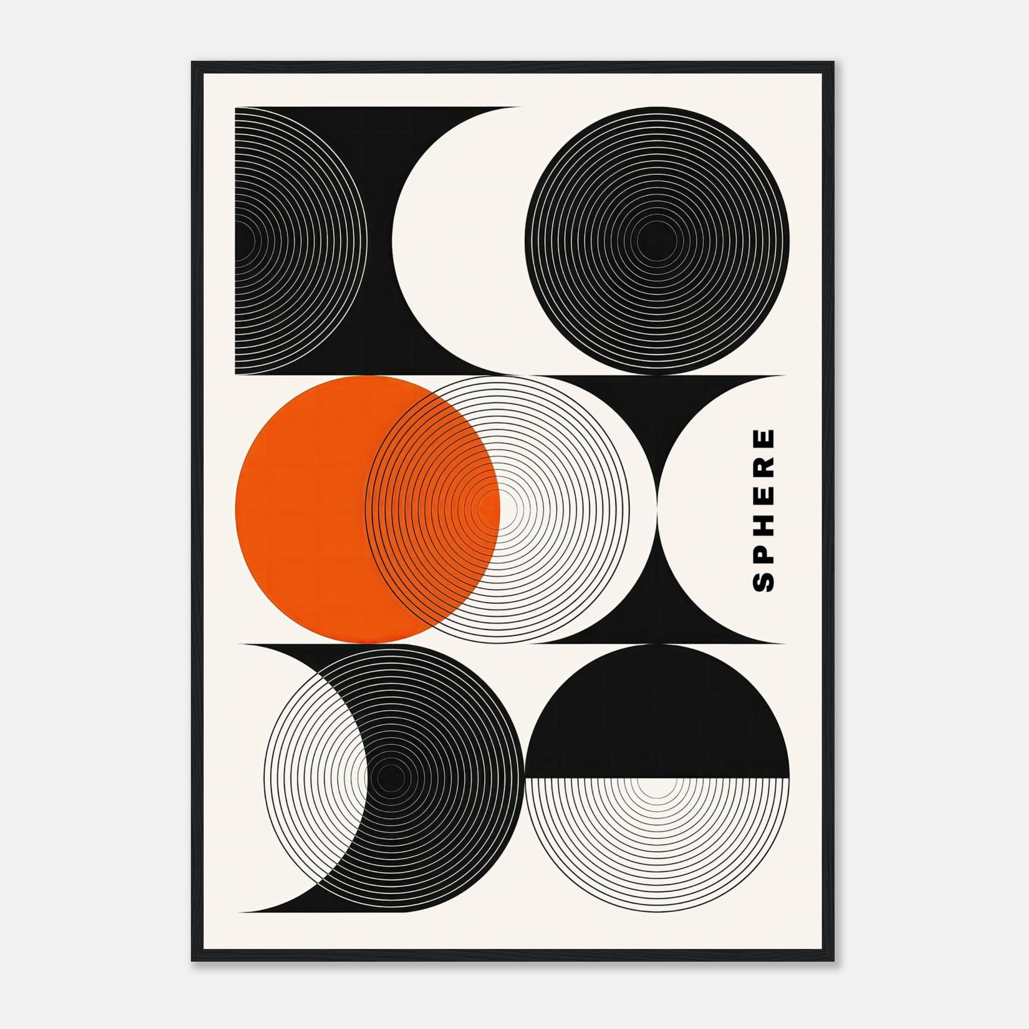 Abstract geometric sphere art framed print with black and white patterns and a vibrant orange circle, modern decor.