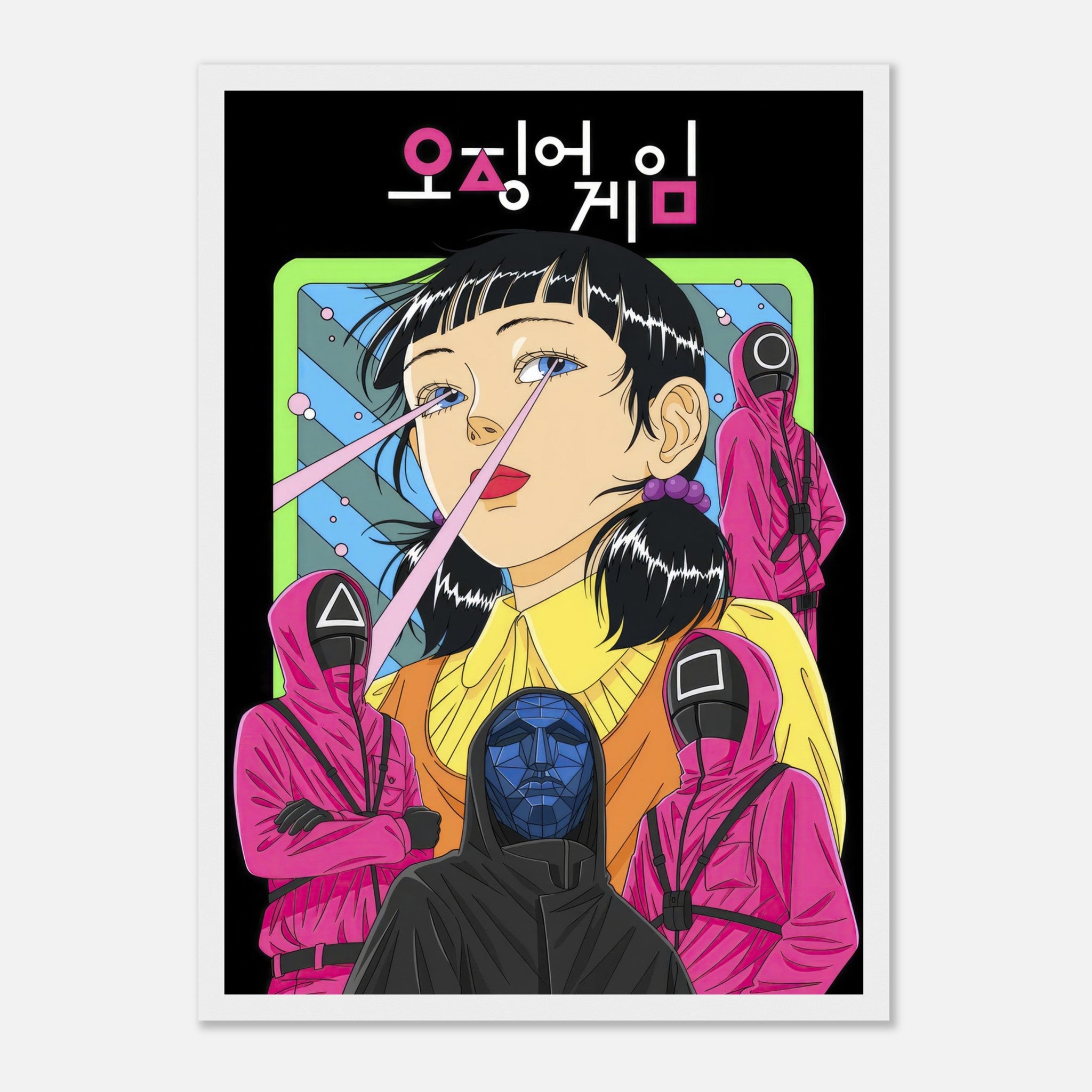 Squid Game Netflix framed print featuring iconic characters and vibrant colors, ideal for fans of the series.