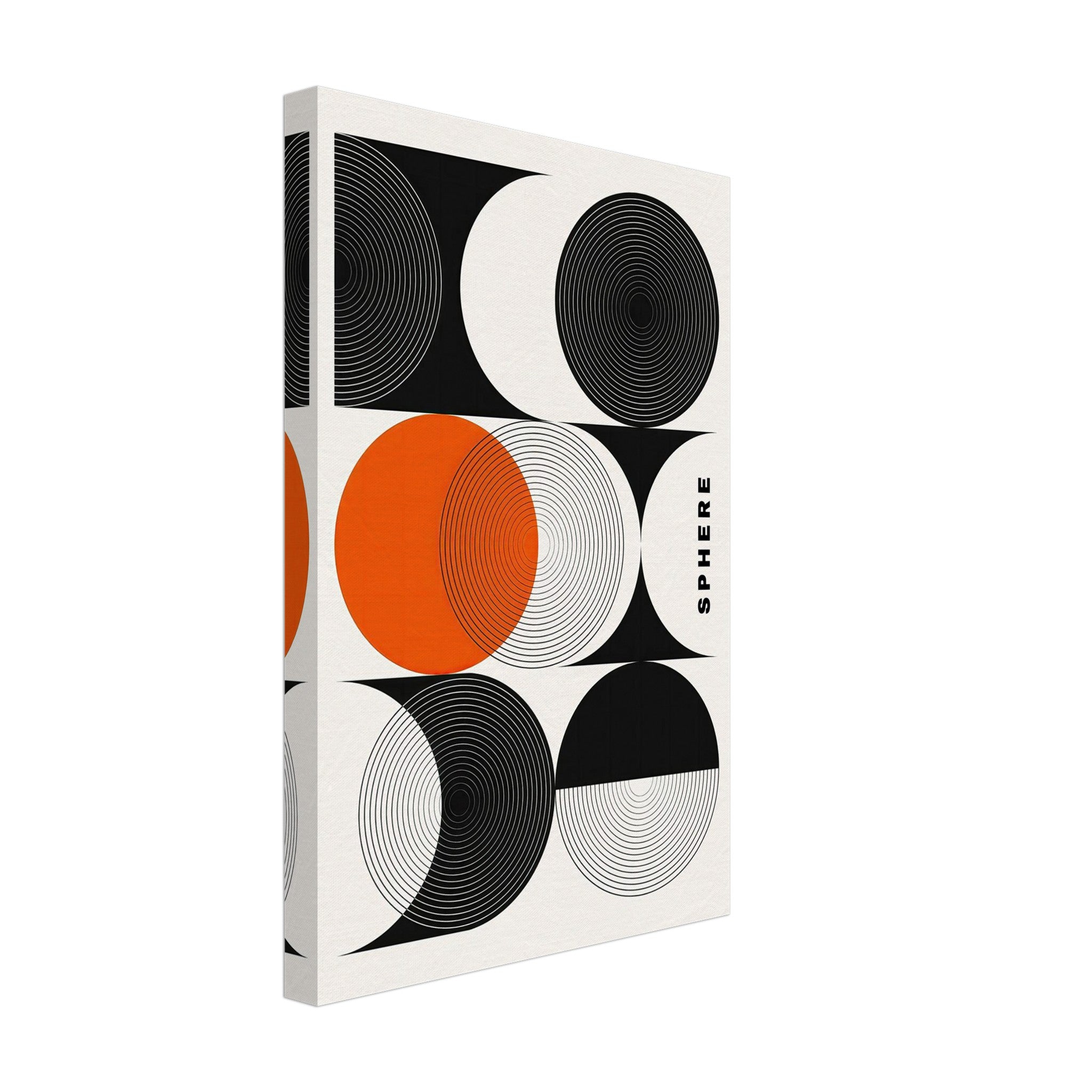 Abstract geometric sphere art on canvas, featuring black, white, and vibrant orange circular patterns.