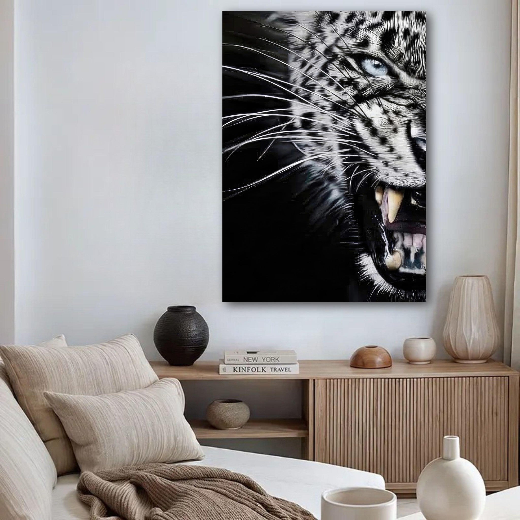 Leopard close-up portrait poster showcasing fierce eyes and fangs, enhancing wild beauty in modern home decor.