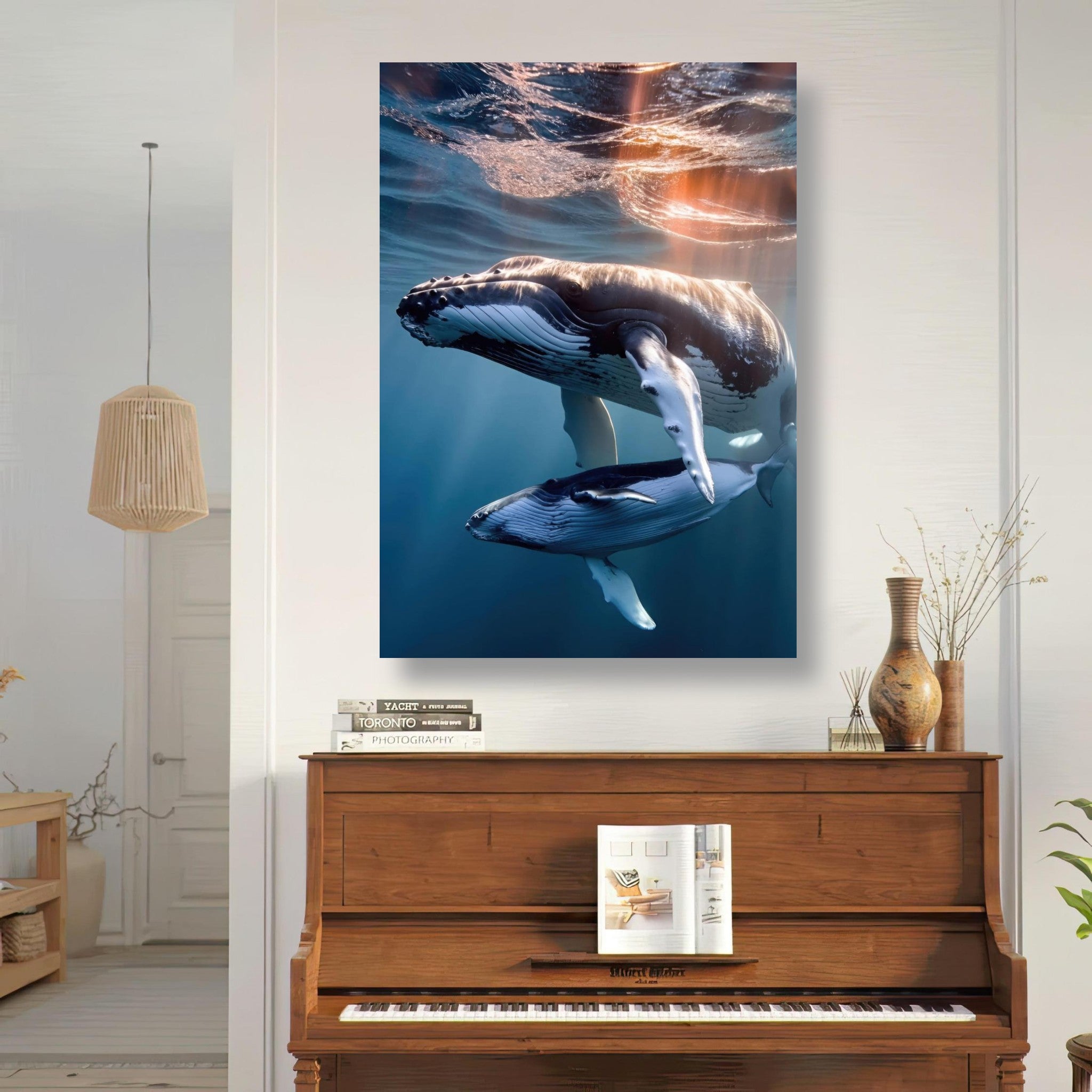 Underwater photography metal print of a mother humpback whale and calf gliding in sunlit ocean waters.
