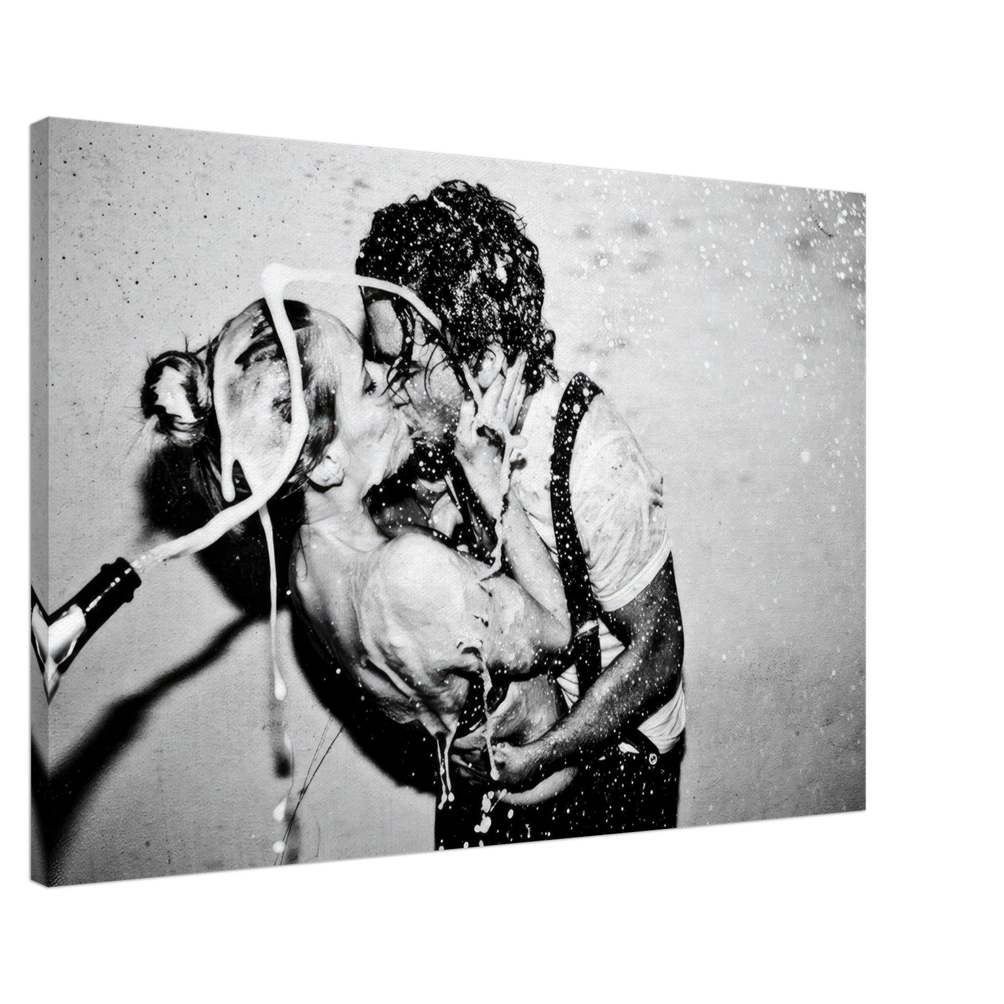 Black-and-white canvas print of a passionate kiss between a couple, featuring raw energy and glamour.