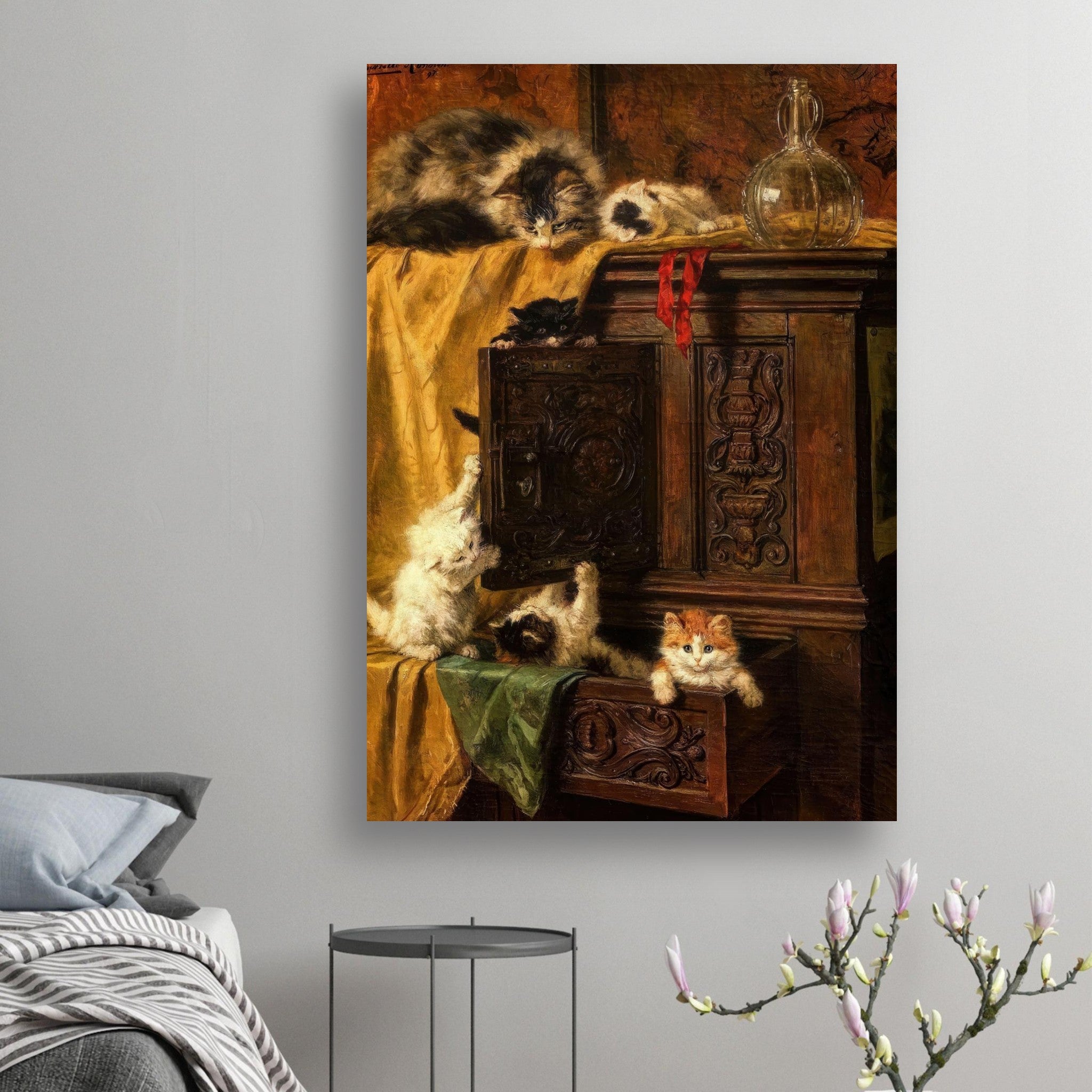 Vintage Cat Painting Poster featuring playful kittens exploring a wooden cabinet in a cozy home setting.