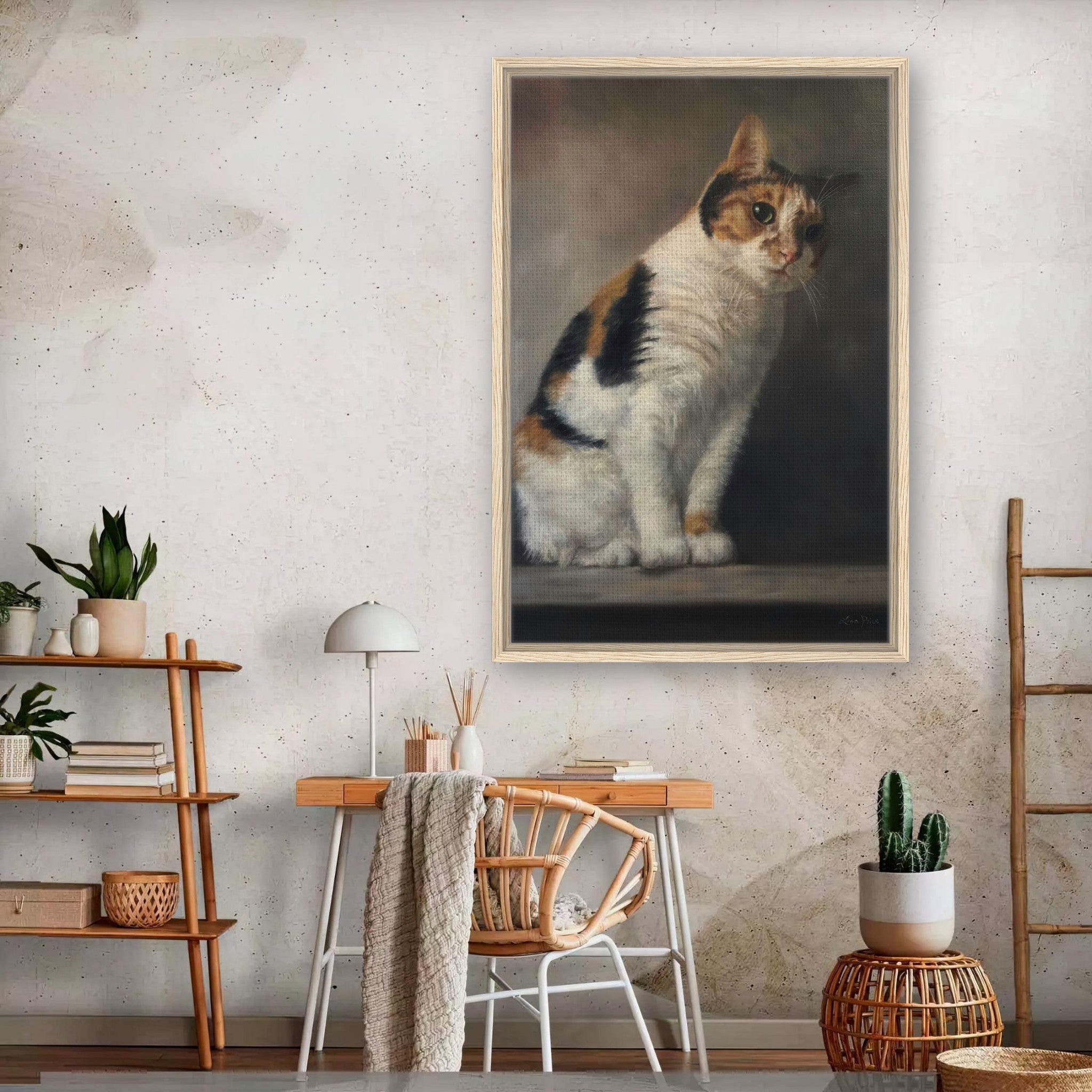 Framed realistic cat portrait painting on wall above a cozy workspace with plants and furniture.