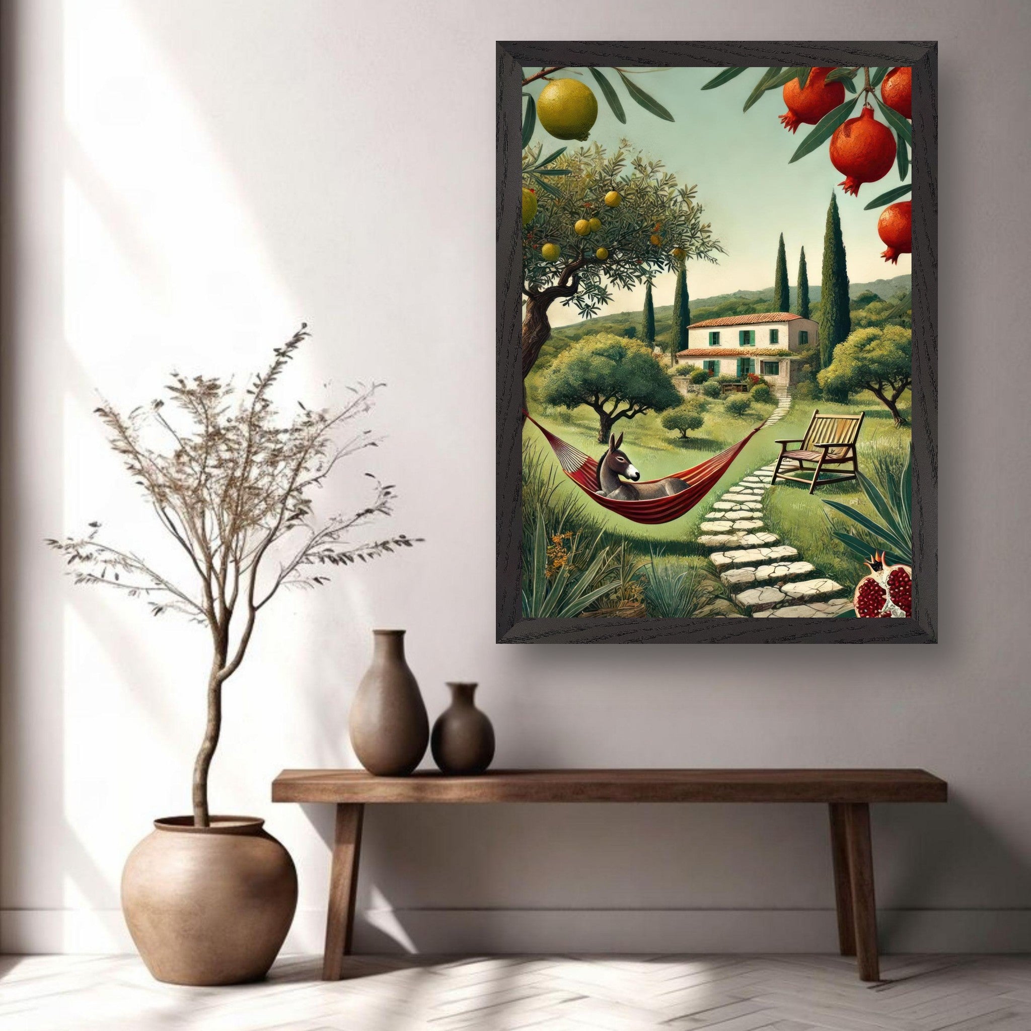 Mediterranean rural landscape vintage print featuring olive trees and a hammock in a cozy indoor setting.