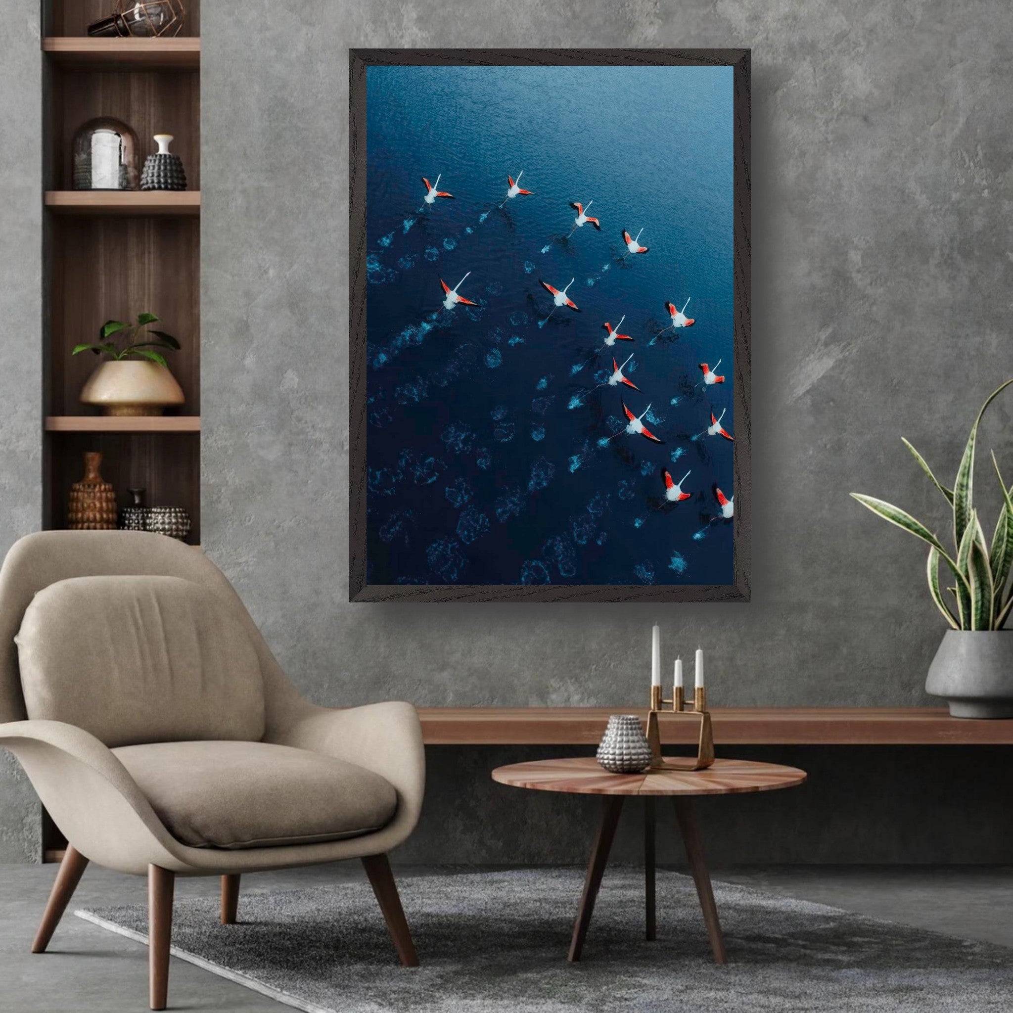 Flamingos Drone Photography print, showcasing aerial view of graceful flamingos on azure waters, perfect for home decor.