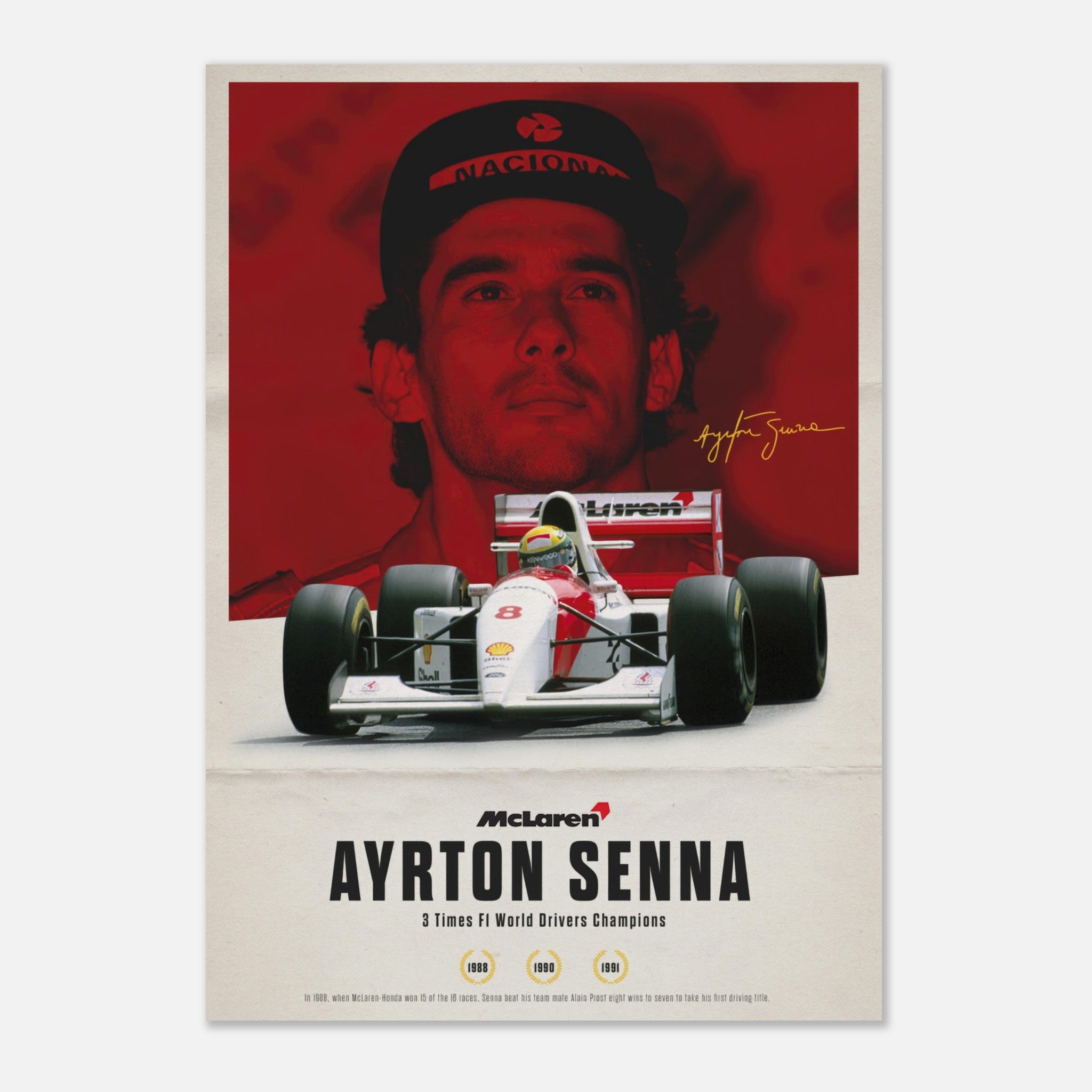 Ayrton Senna poster featuring the F1 legend in a McLaren Honda car, celebrating his racing legacy.