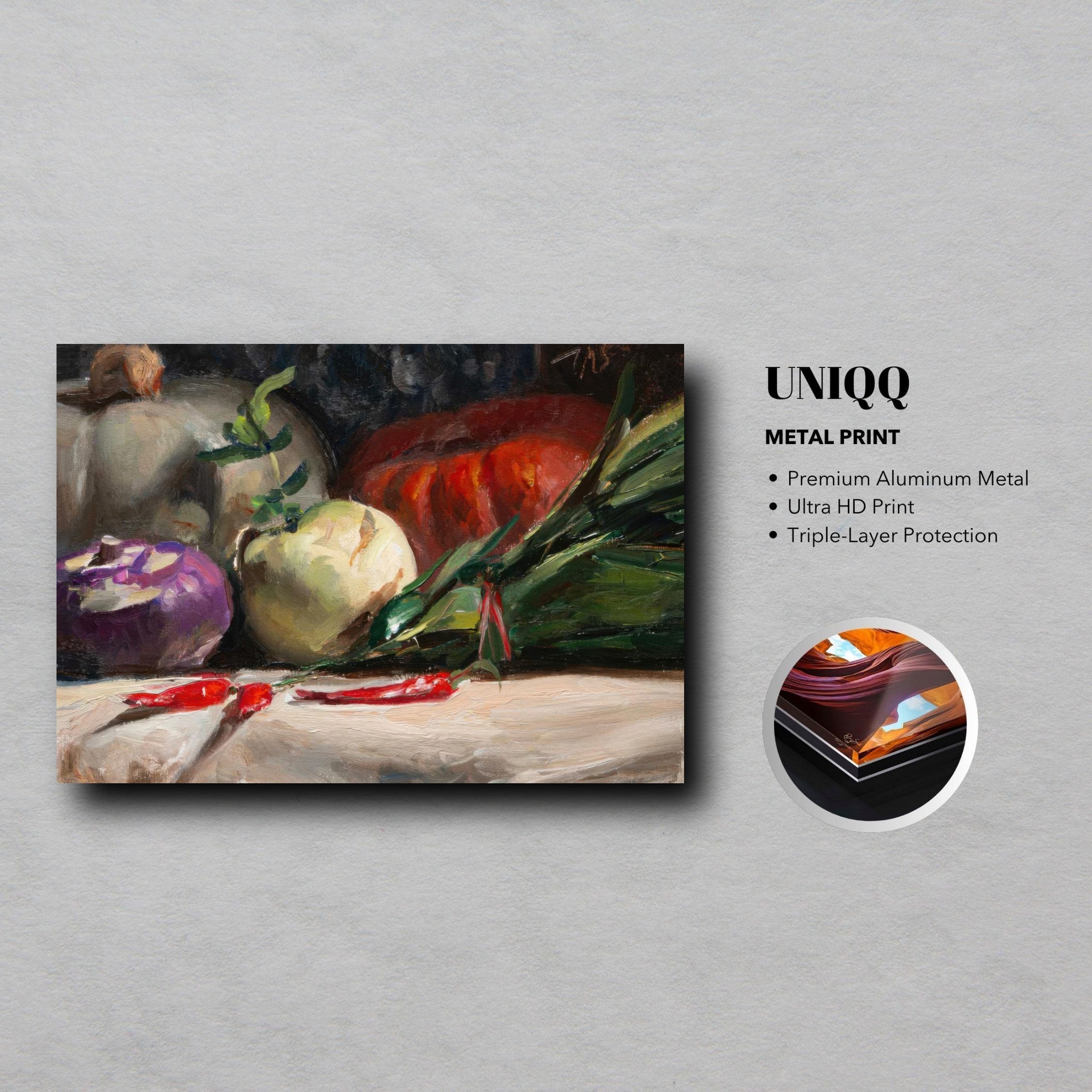 Metal print of fresh kohlrabi, pumpkins, and chilis in vibrant colors, perfect for kitchen decor.