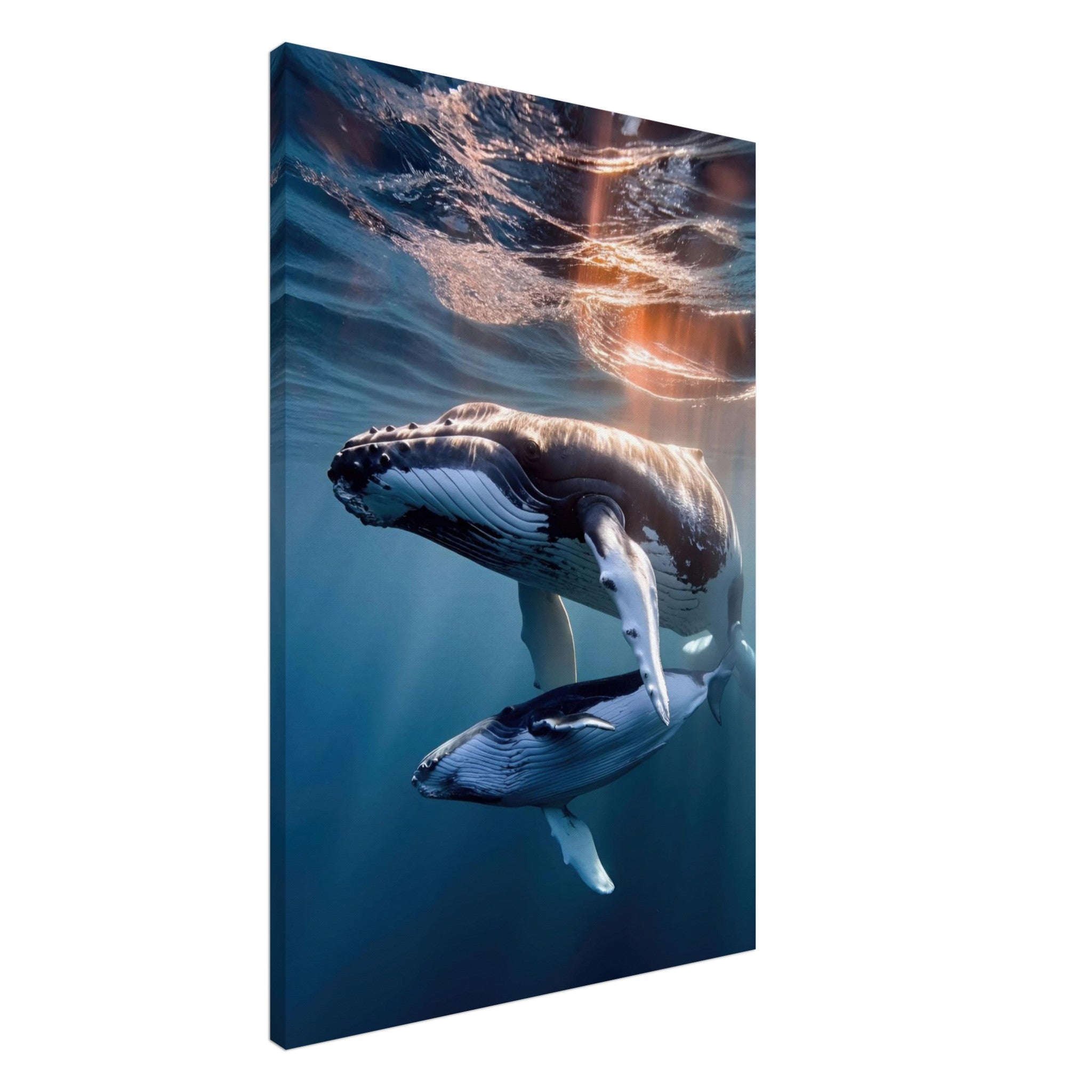 Underwater photography of a mother humpback whale and calf on a canvas print, showcasing ocean beauty.