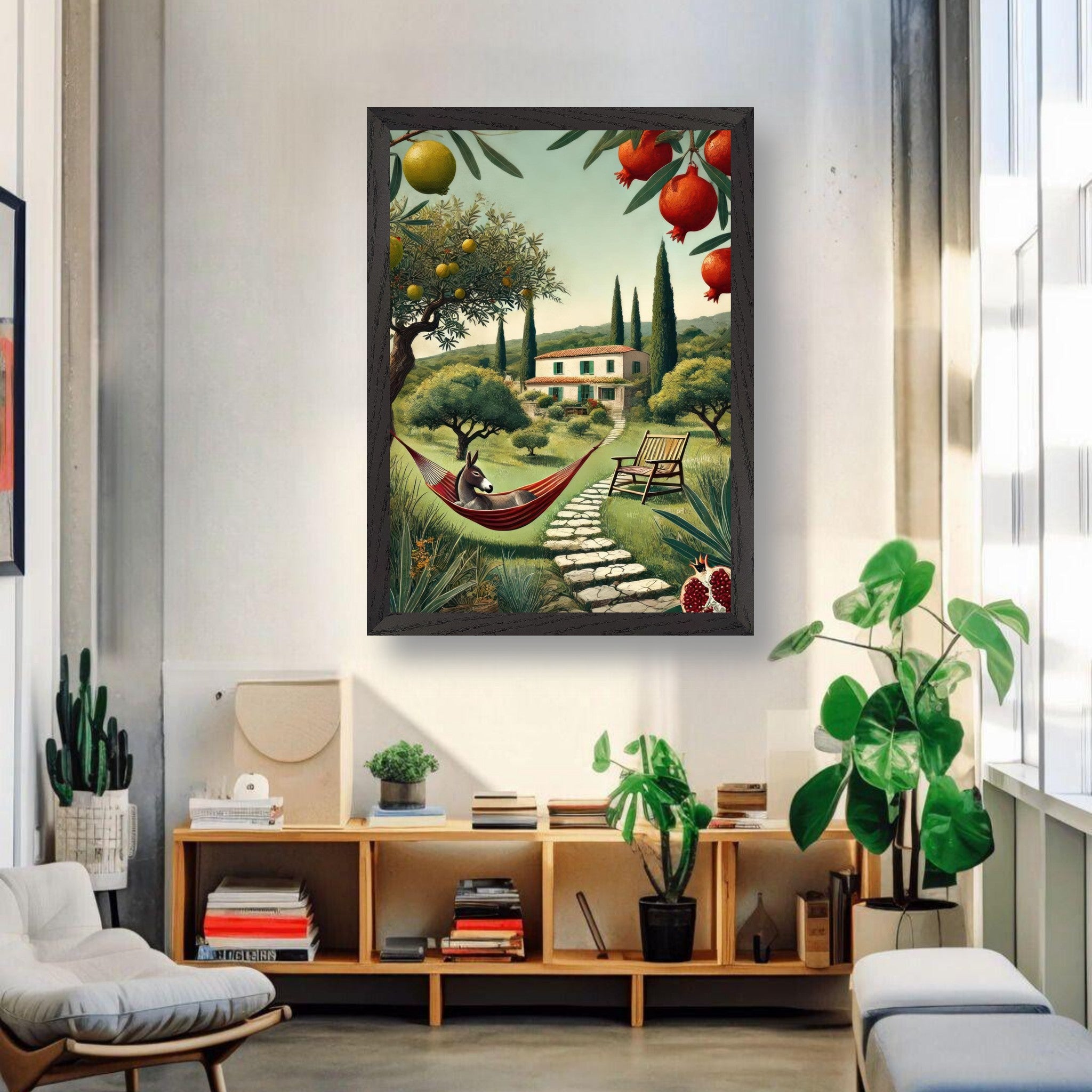 Vintage framed print of a Mediterranean landscape with a hammock, villa, and lush greenery.