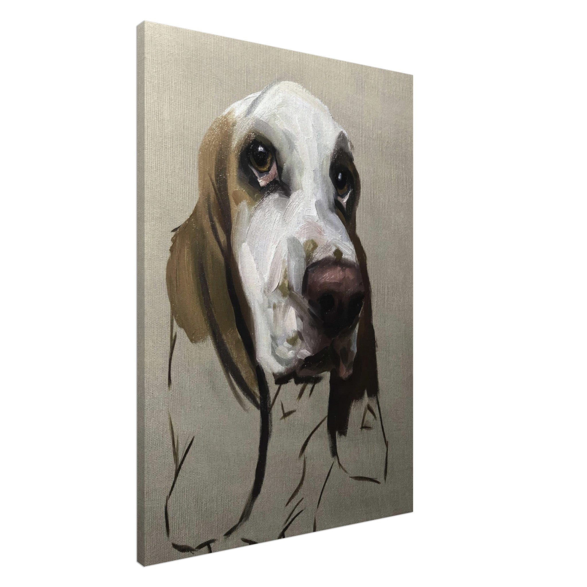 Basset Hound Dog Painting Canvas Print showcasing a detailed portrait with soulful expression and droopy ears.