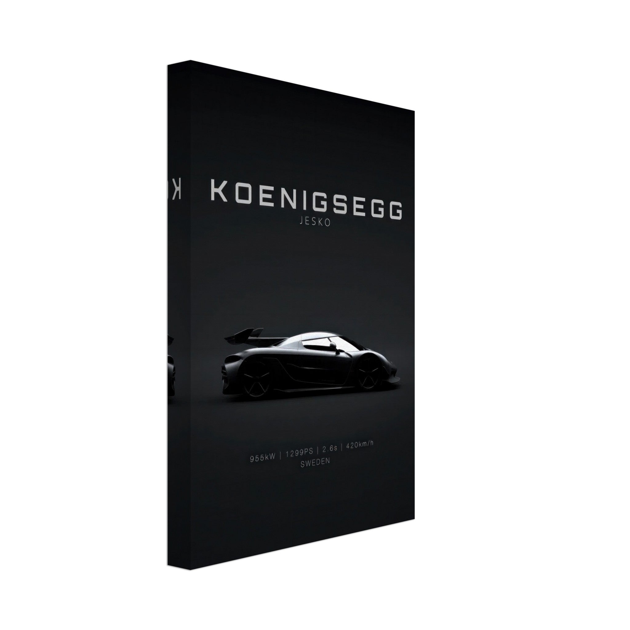 Koenigsegg Jesko canvas art featuring sleek hypercar silhouette on a minimal black background.