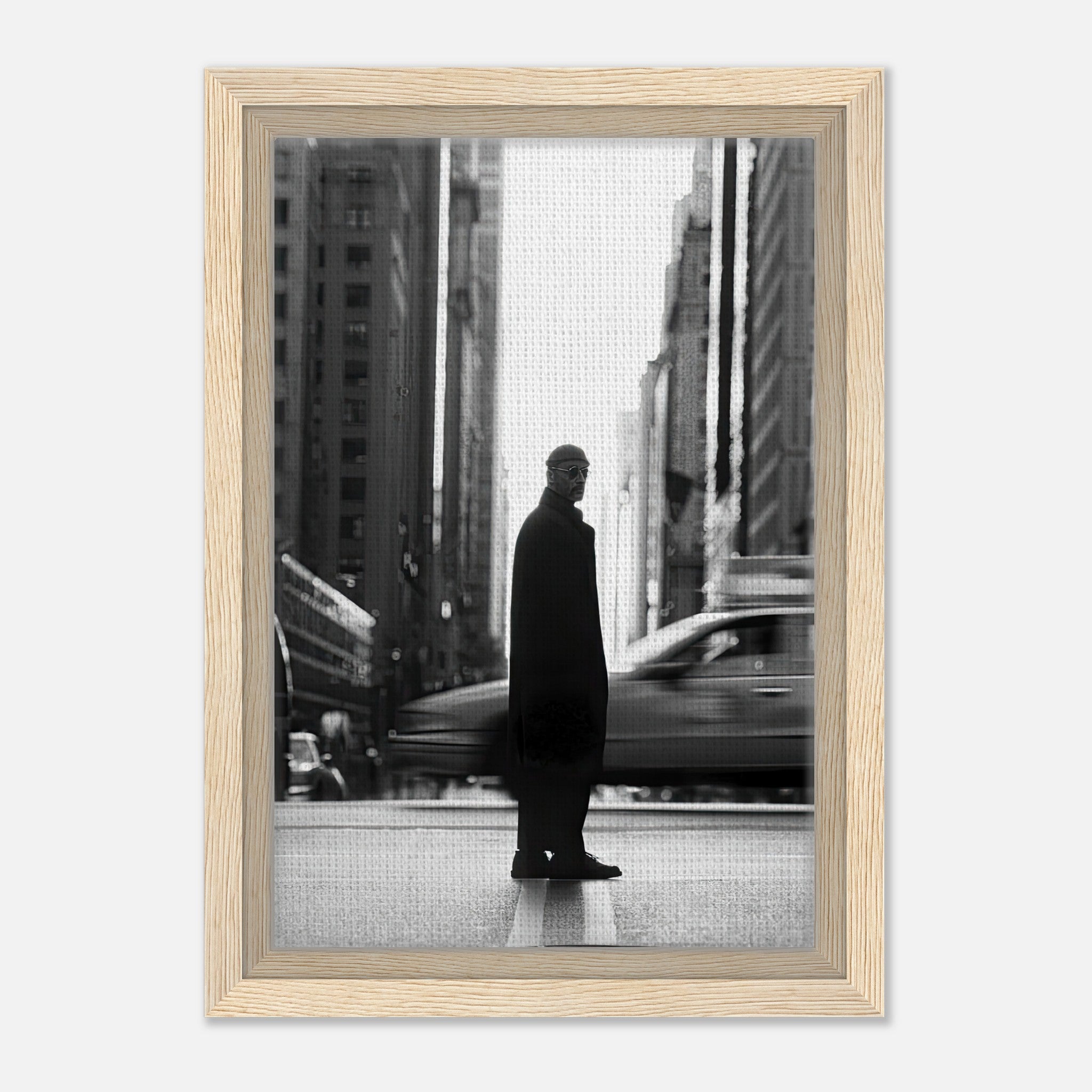Jean Reno as Leon in New York City, framed black-and-white canvas artwork, showcasing urban sophistication.