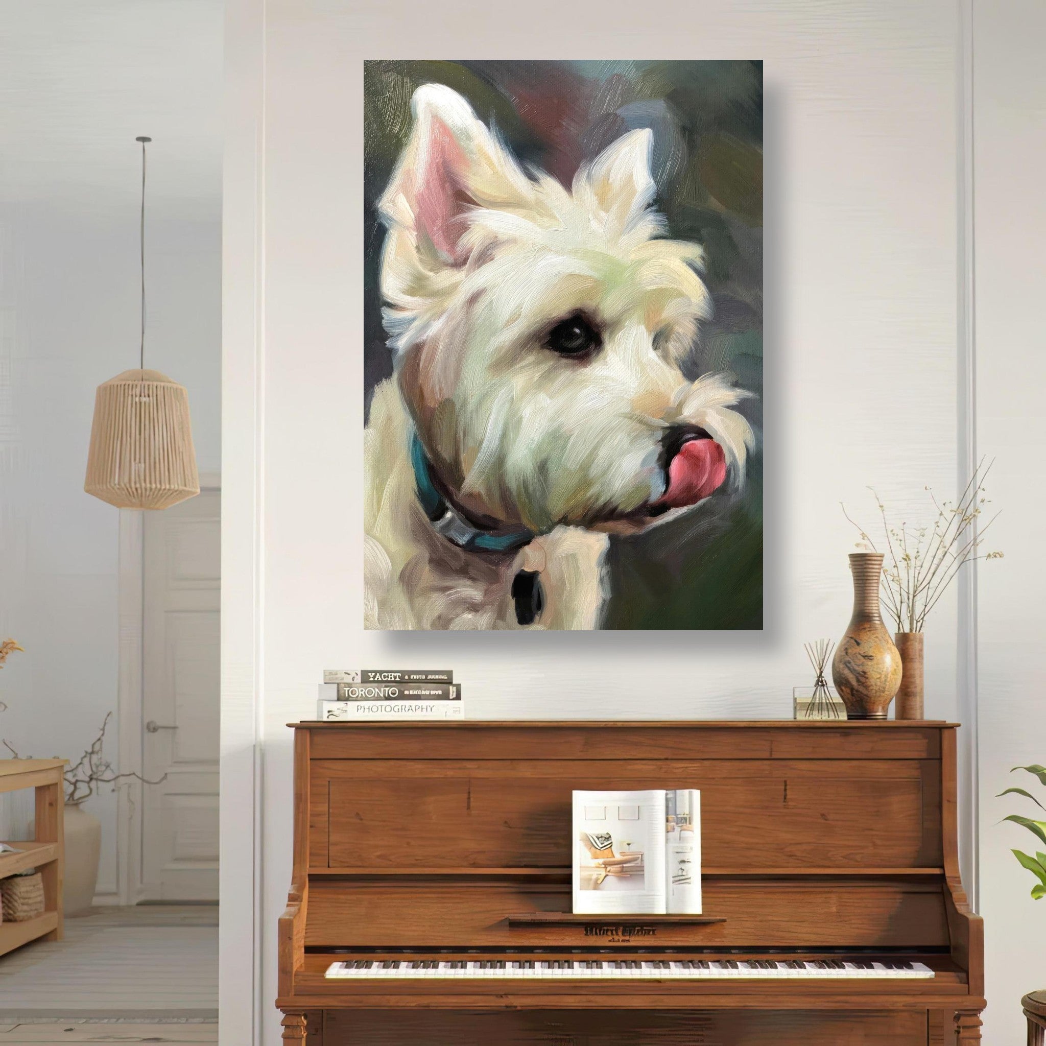 Westie Dog Painting Metal Print showcasing a detailed portrait of a West Highland White Terrier in a stylish interior.