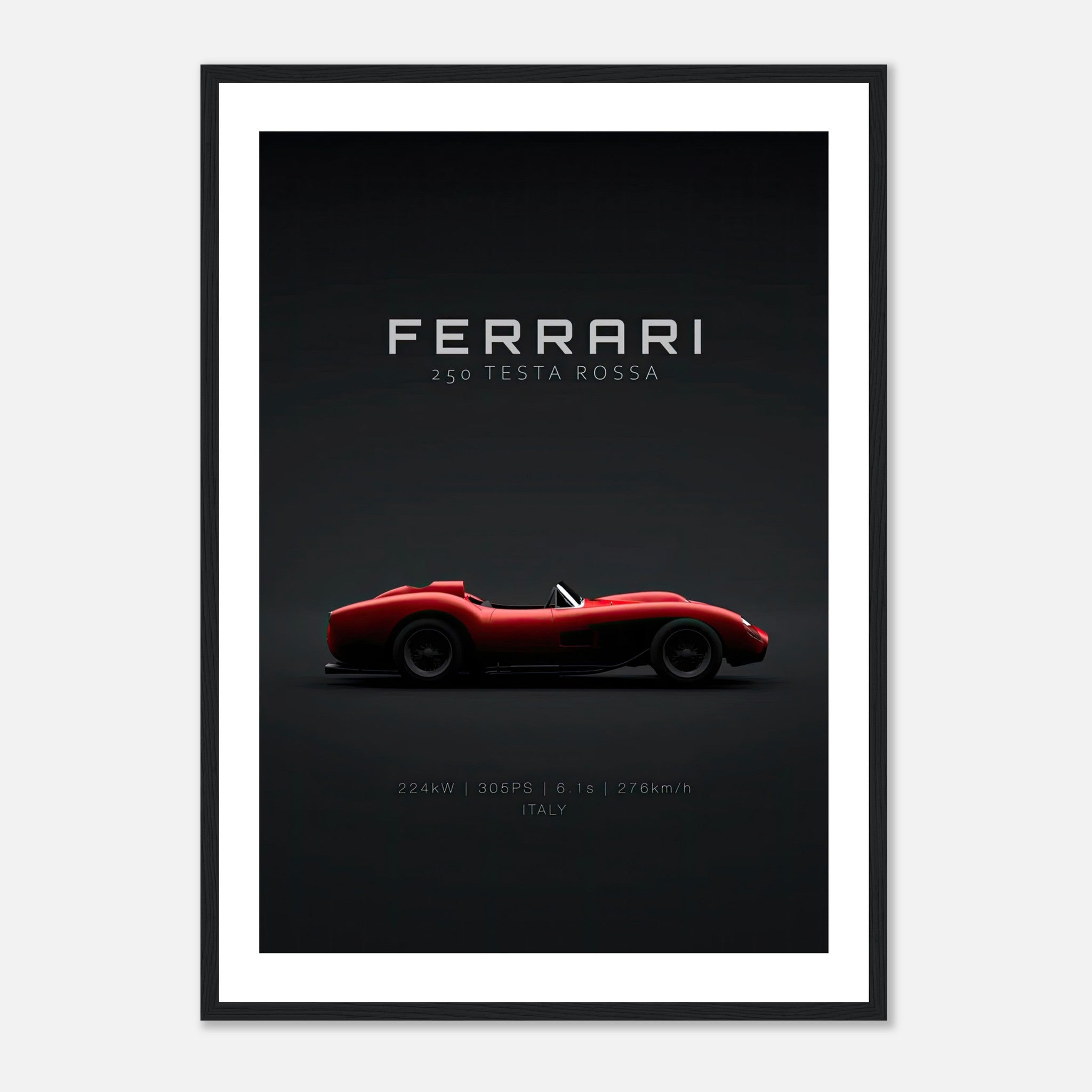 Ferrari 250 Testa Rossa framed poster featuring sleek red classic car design on a minimalist black background.