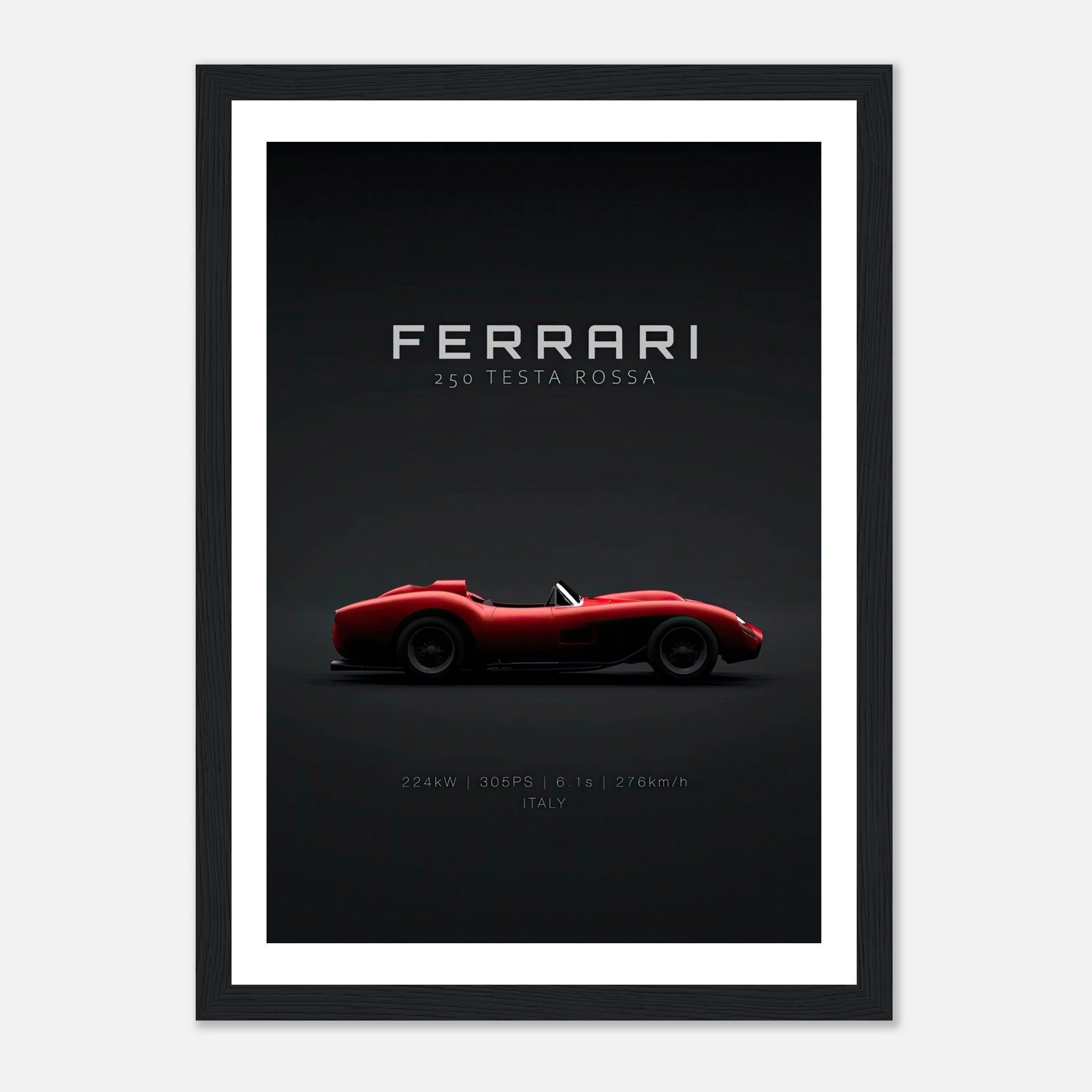 Ferrari 250 Testa Rossa framed poster showcasing sleek side profile on a minimalist black background.