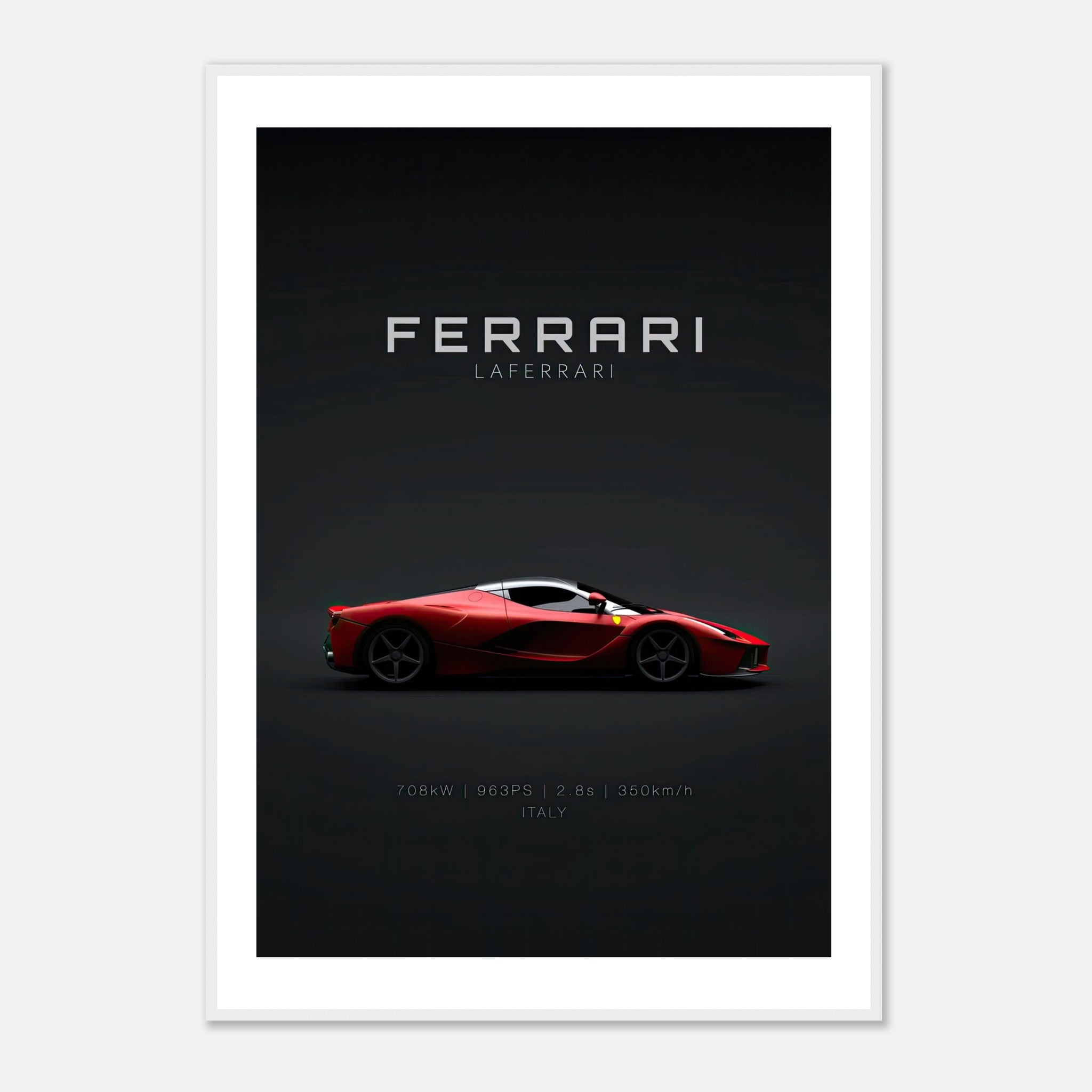 Ferrari Laferrari framed poster featuring the iconic hypercar in red against a dark background, perfect for decor.