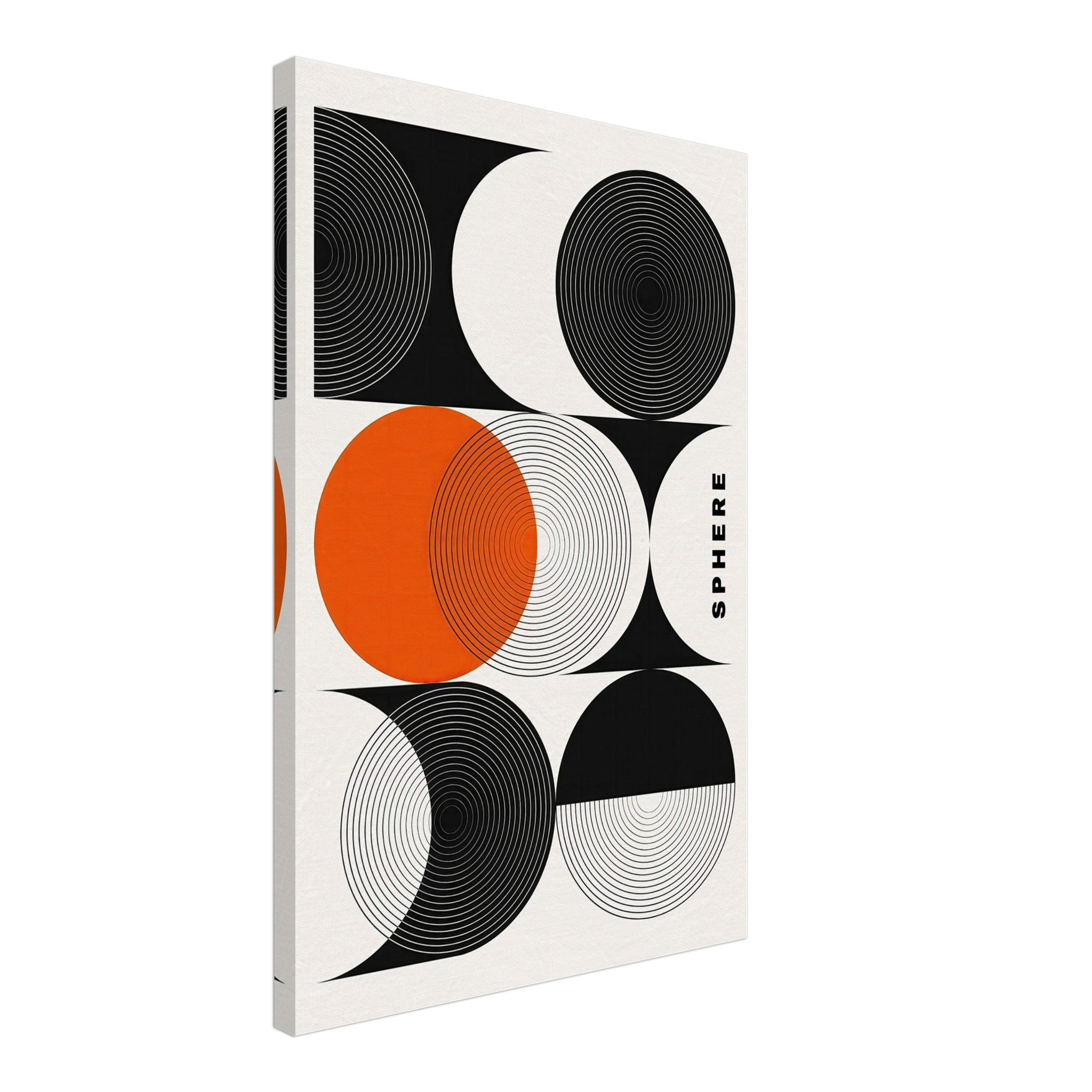 Abstract geometric sphere art canvas print featuring black, white, and vibrant orange circular patterns.