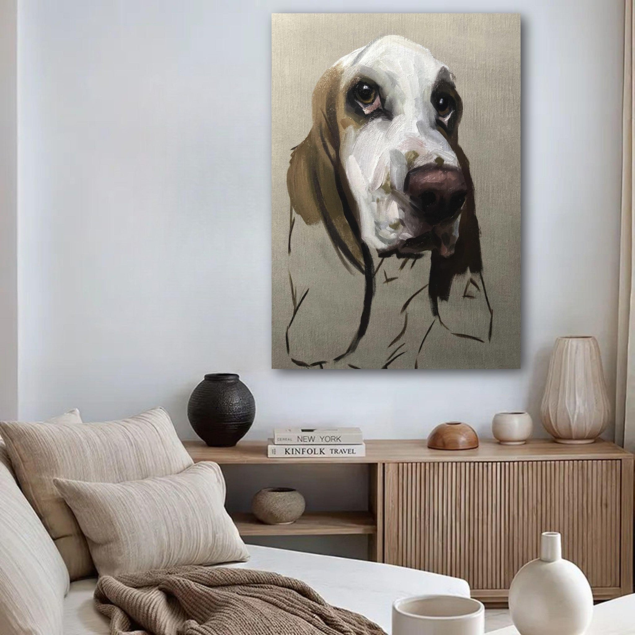 Basset Hound painting poster showcasing detailed portrait in a cozy living room setting.