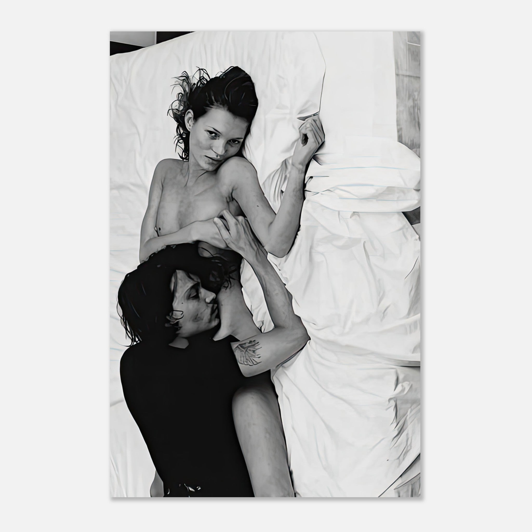Kate Moss and Johnny Depp metal print, iconic 1994 black-and-white photograph capturing 90s romance and glamour.