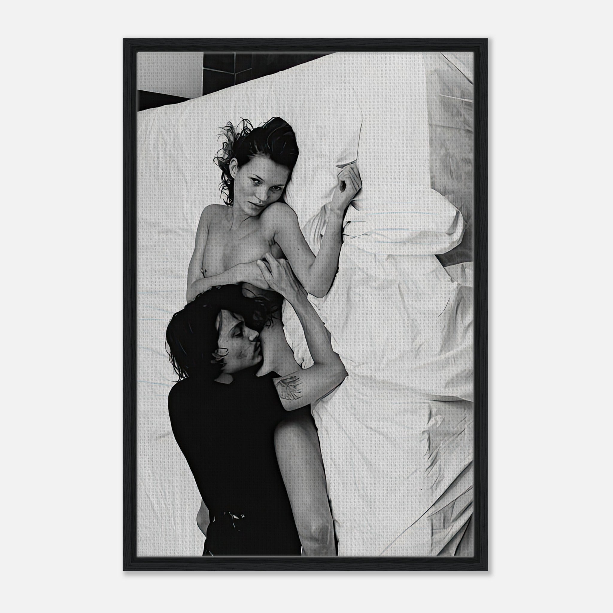 Kate Moss & Johnny Depp intimate black-and-white photograph framed canvas print from 1994 in New York.