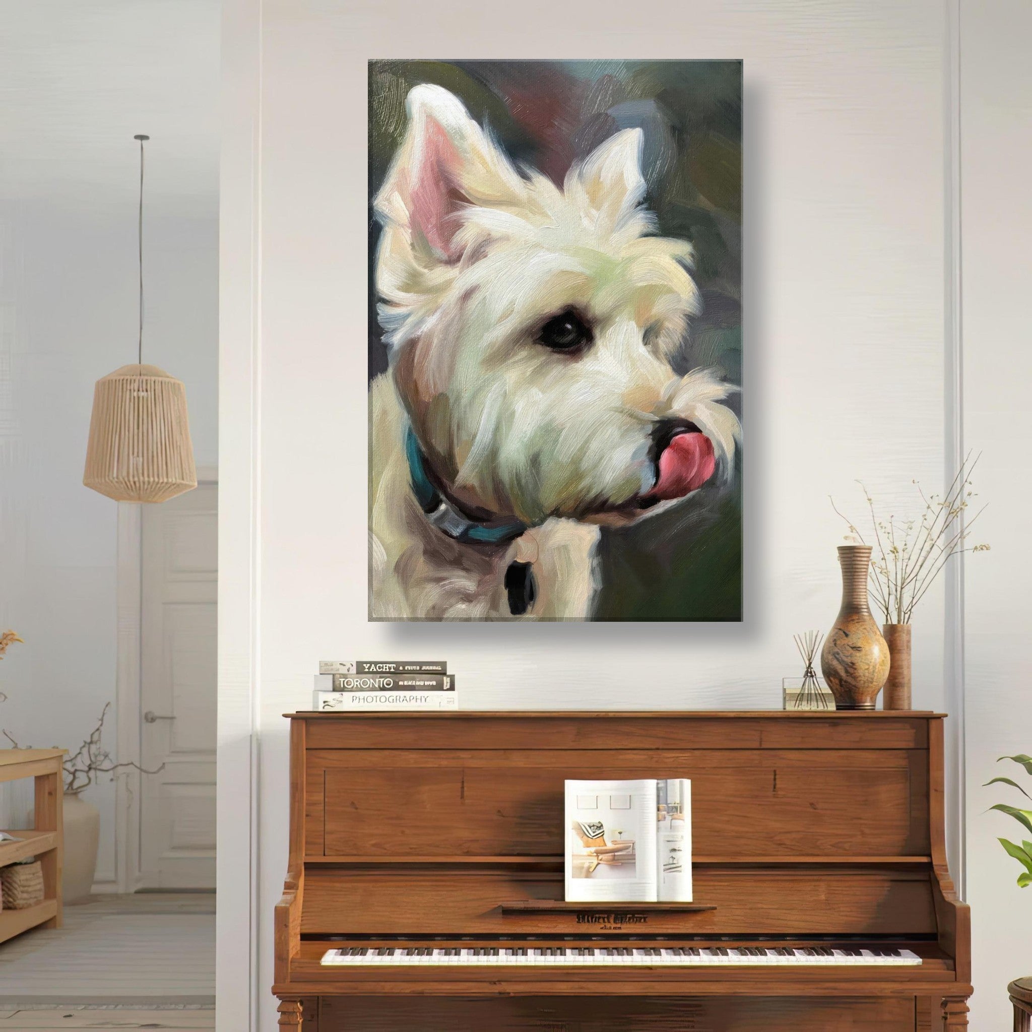 Westie dog painting canvas print with playful expression, perfect for home decor, showcasing a charming West Highland White Terrier.