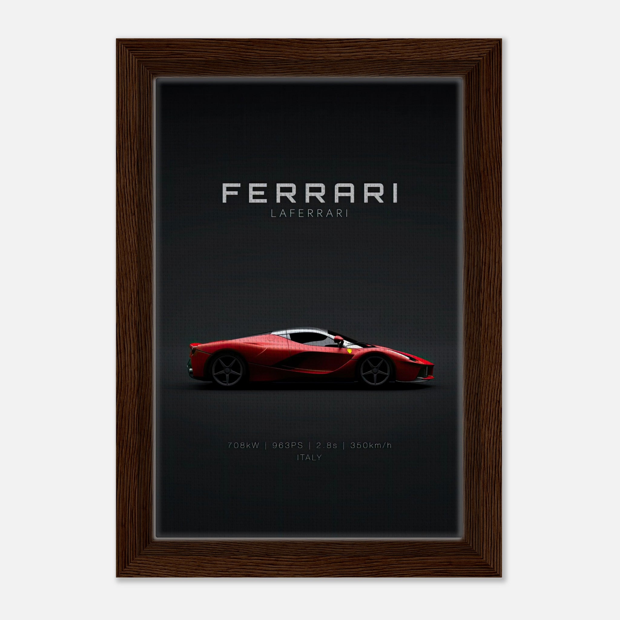 Ferrari Laferrari framed canvas art featuring sleek design on a minimalist black background.